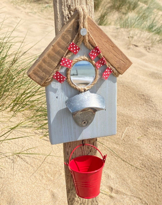 Beach Hut Bottle Opener with Bucket - Light blue - Mirror, Bunting - Drift Craft by Jo