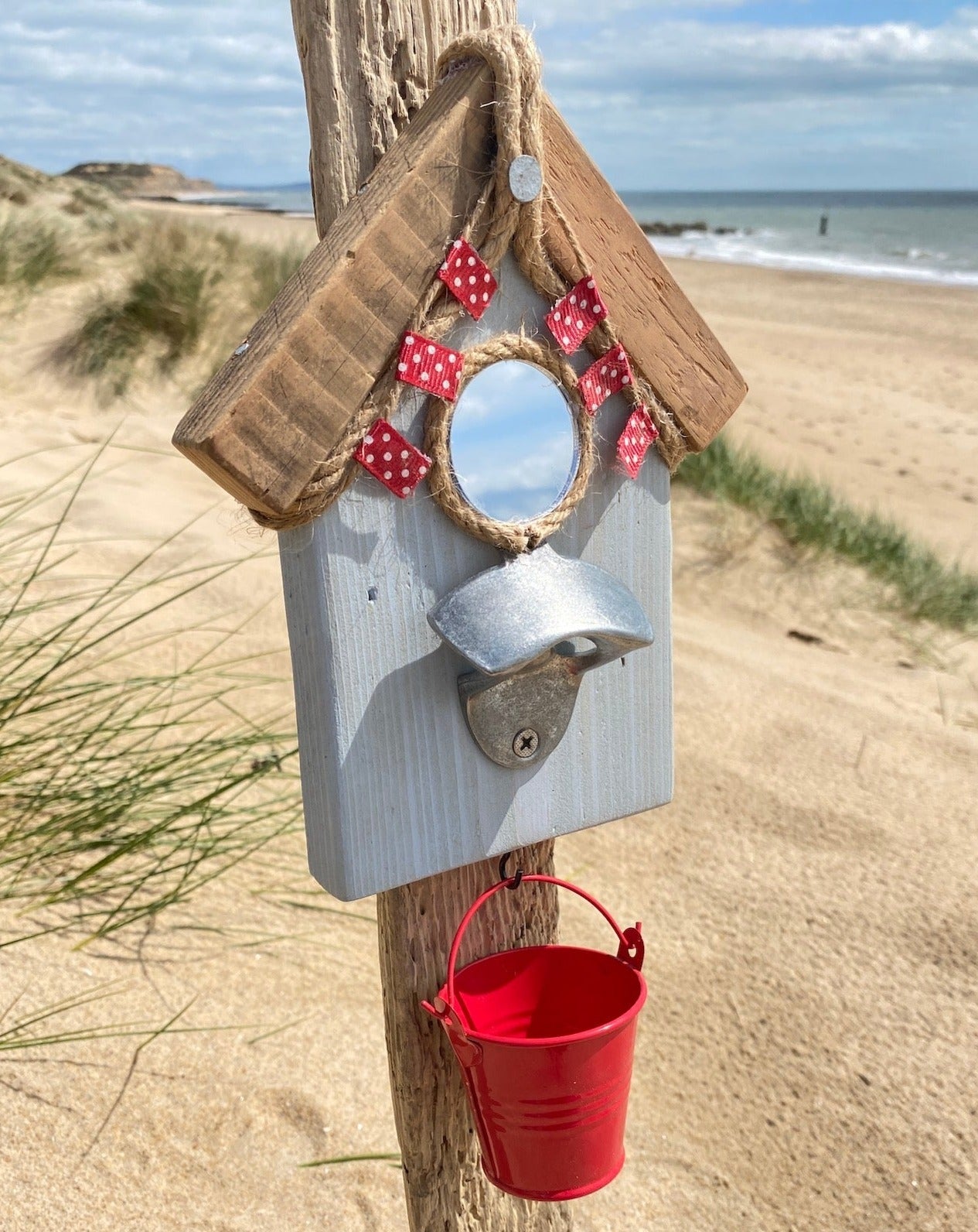 Beach Hut Bottle Opener with Bucket - Light blue - Mirror, Bunting - Drift Craft by Jo