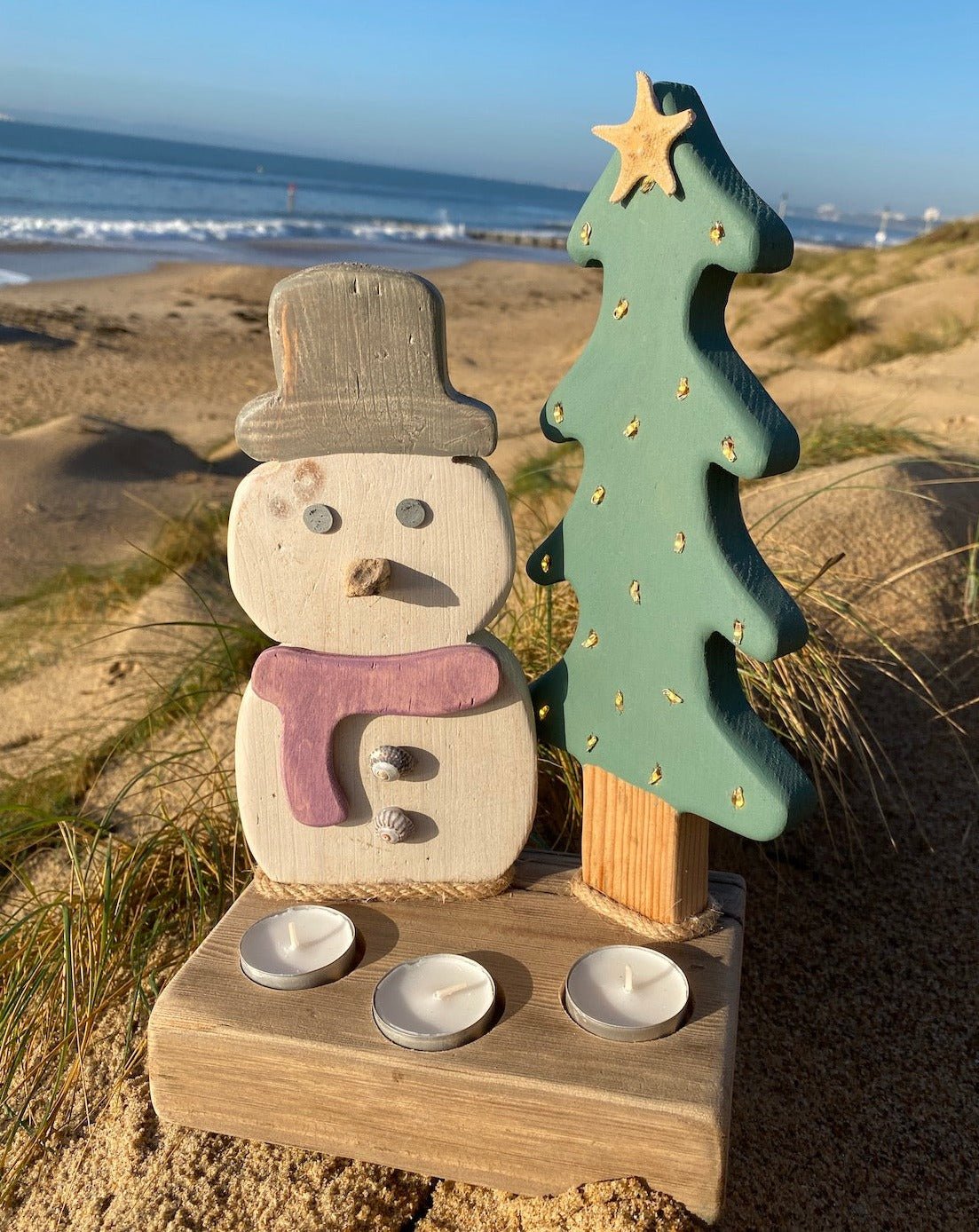 Driftcraft Christmas Tree with lights and Snowman - Purple Scarf - Drift Craft by Jo