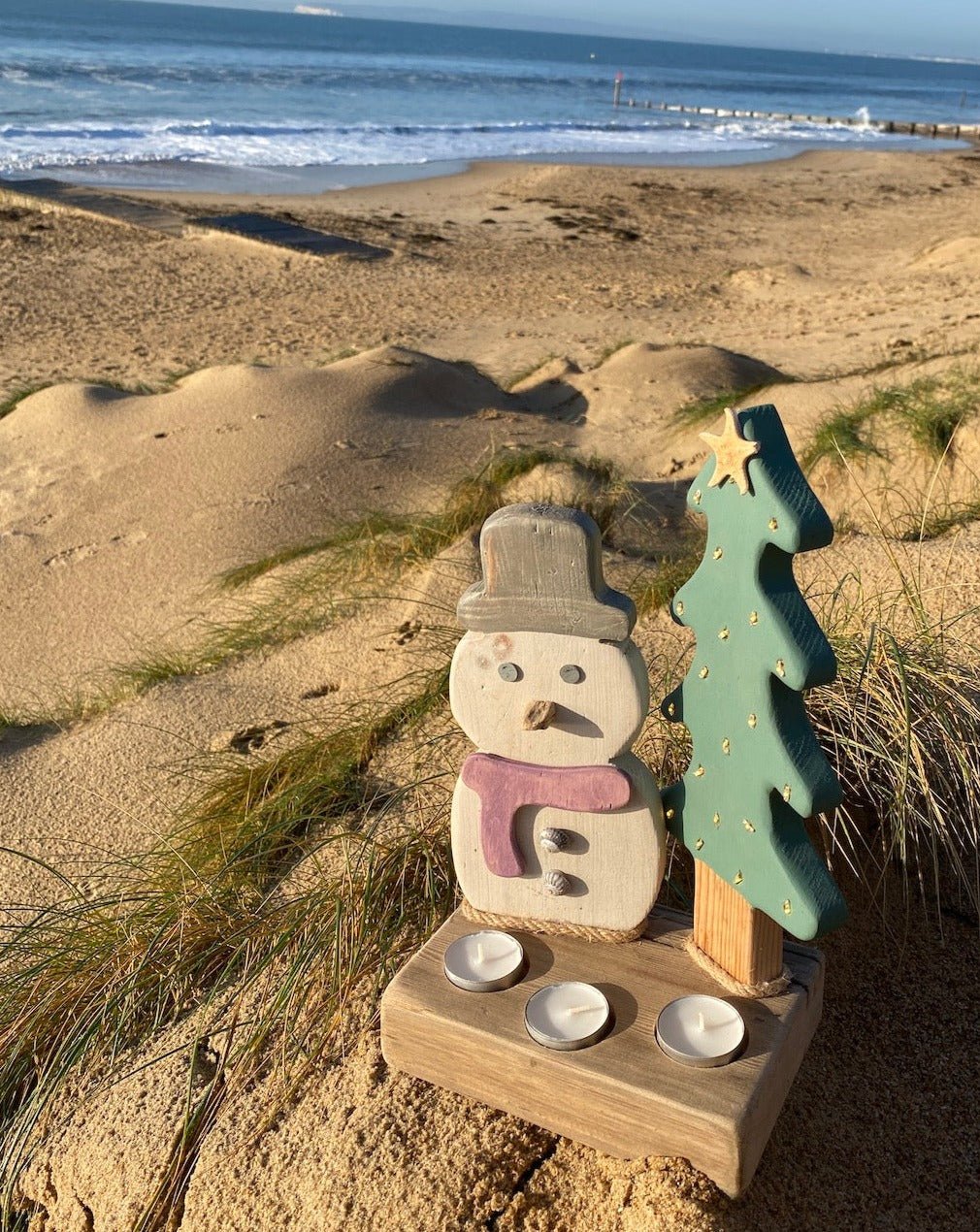 Driftcraft Christmas Tree with lights and Snowman - Purple Scarf - Drift Craft by Jo