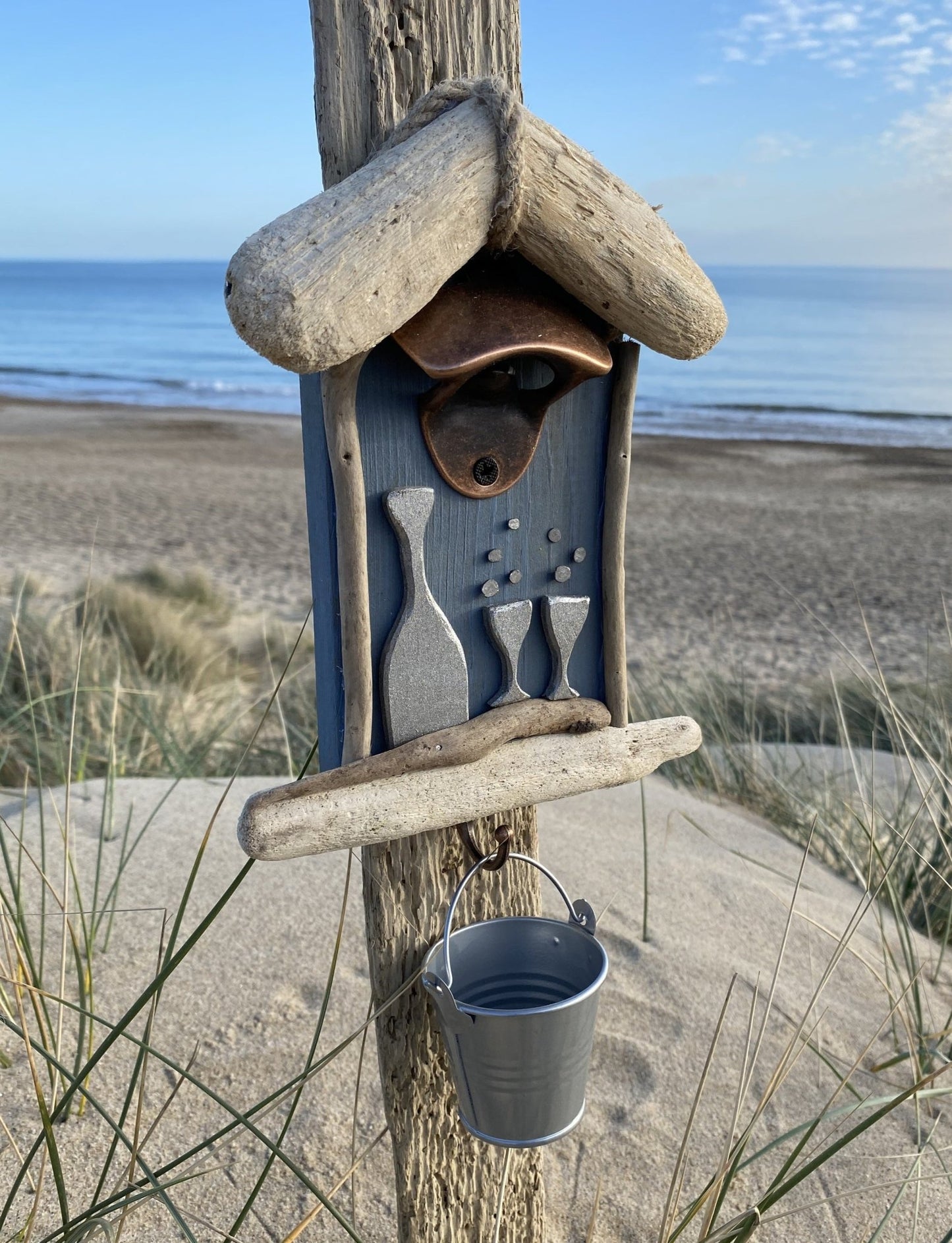 Driftwood Beach Hut Bottle Opener with Bucket - Blue Prosecco - Drift Craft by Jo