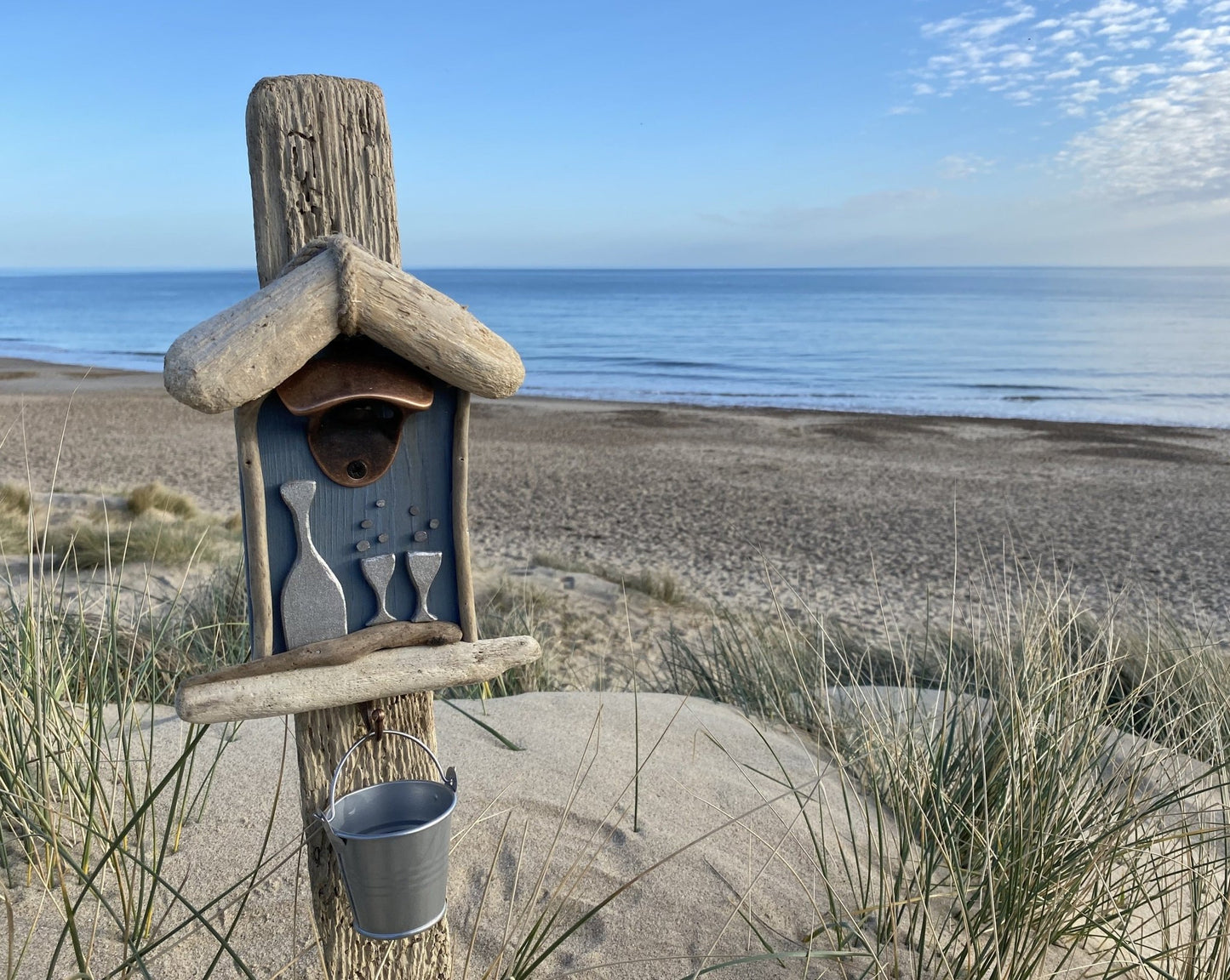 Driftwood Beach Hut Bottle Opener with Bucket - Blue Prosecco - Drift Craft by Jo