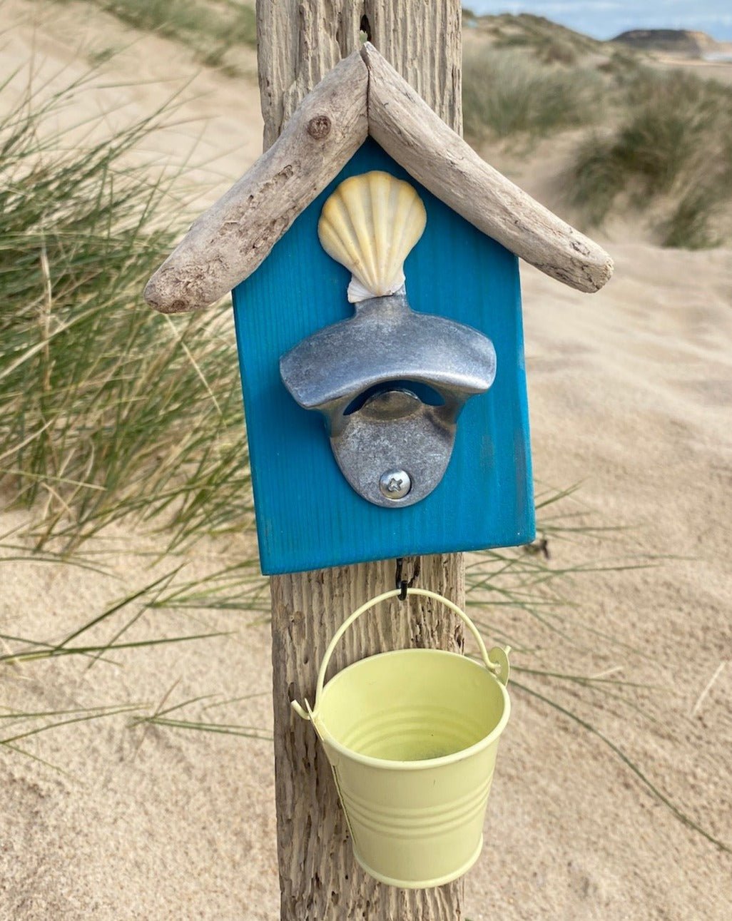 Driftwood Beach Hut Bottle Opener with Bucket - Mini - Various Colours - Drift Craft by Jo