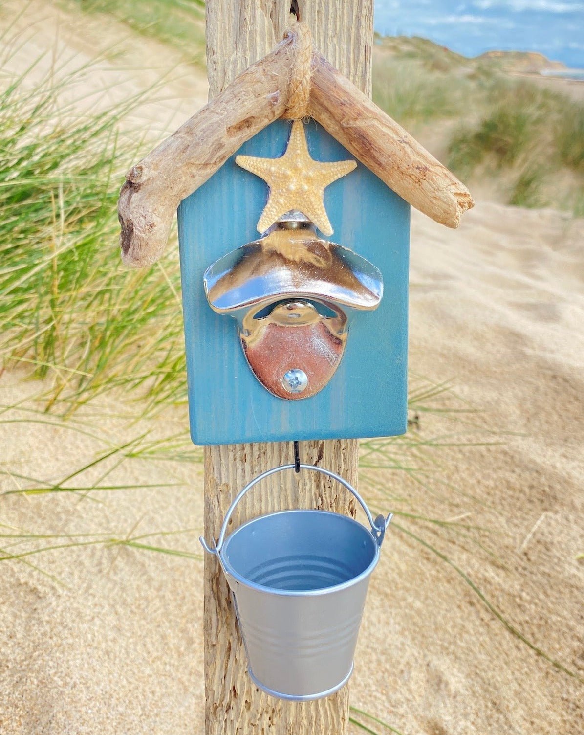 Driftwood Beach Hut Bottle Opener with Bucket - Mini - Various Colours - Drift Craft by Jo