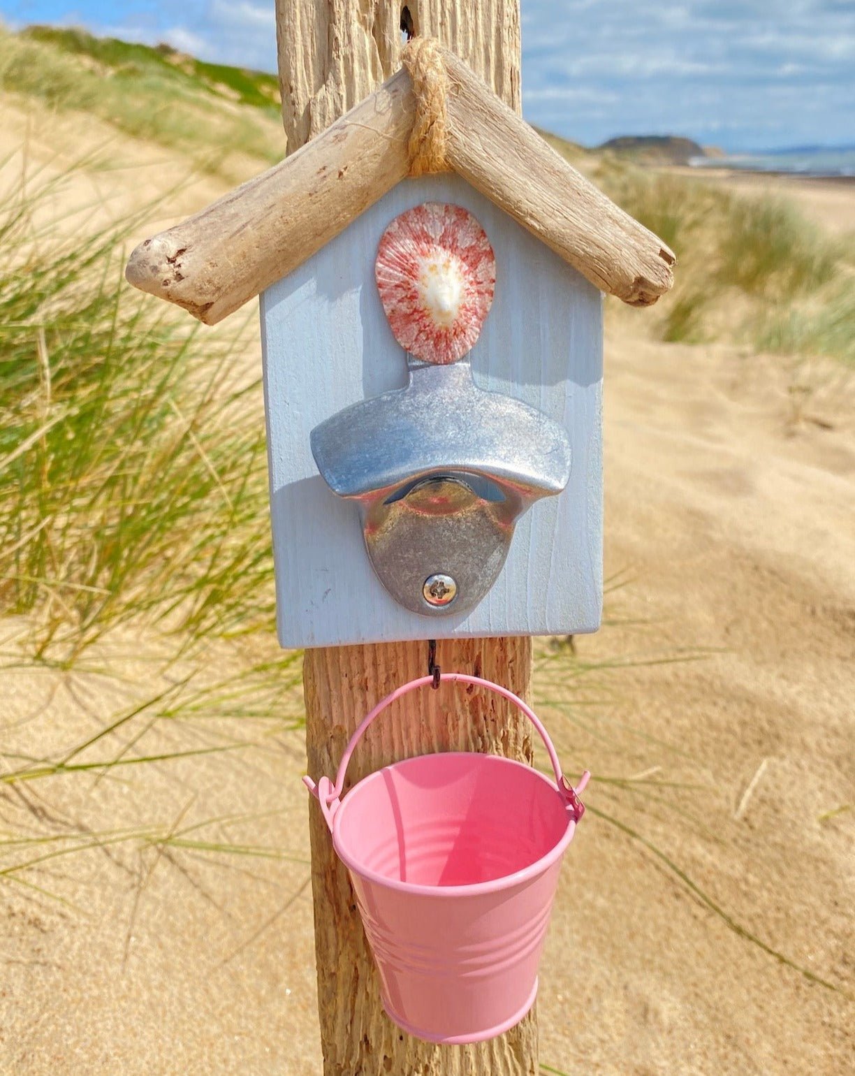 Driftwood Beach Hut Bottle Opener with Bucket - Mini - Various Colours - Drift Craft by Jo
