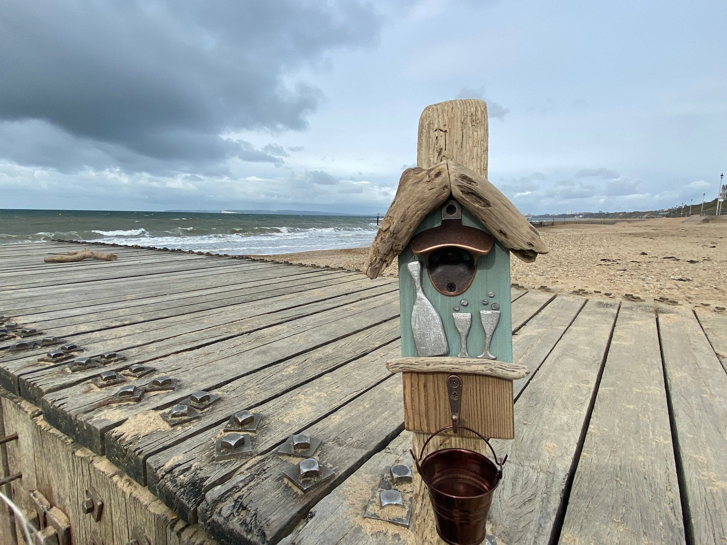 Driftwood Beach Hut Bottle Opener with bucket - Teal Prosecco - Drift Craft by Jo