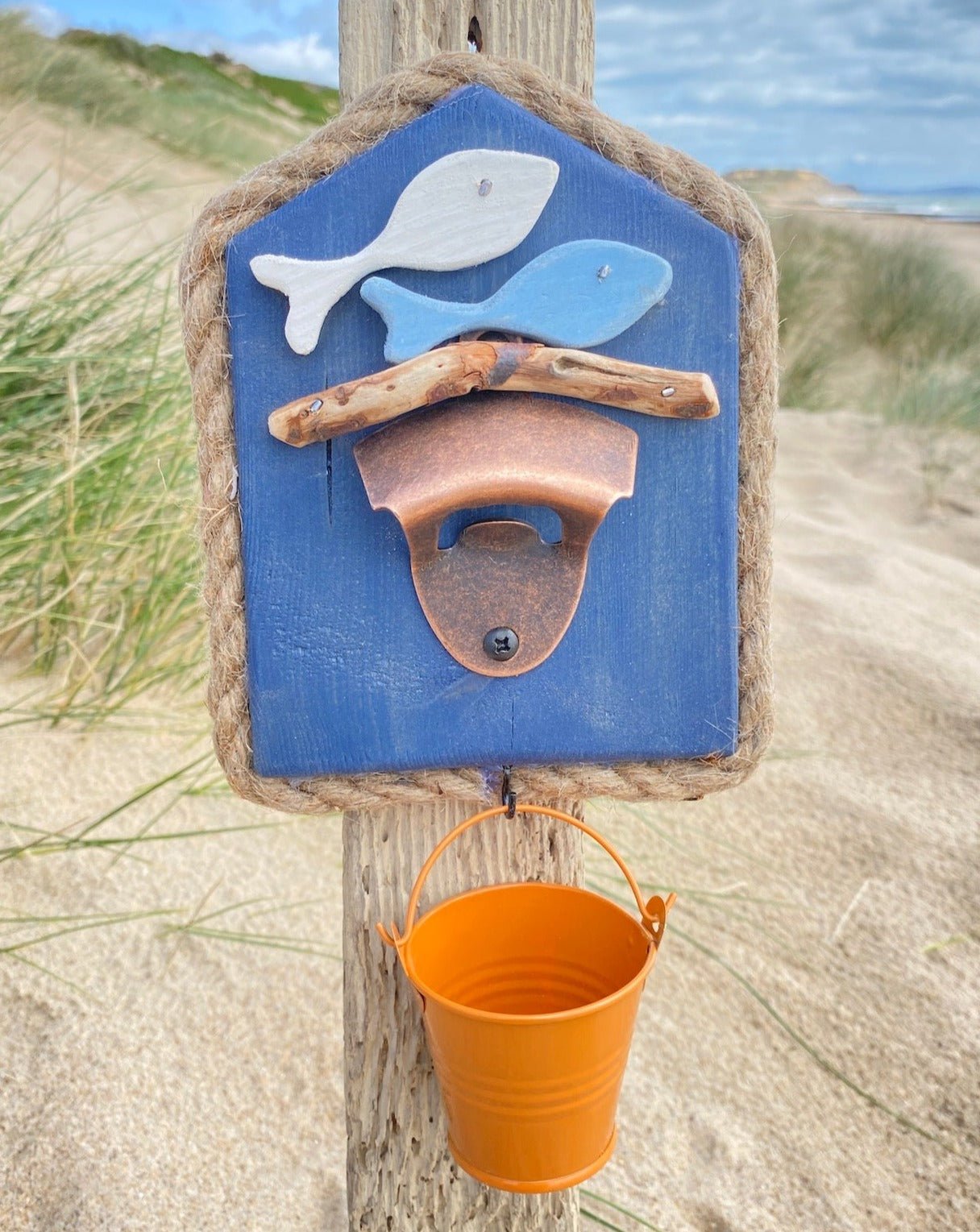 Driftwood Beach Hut Bottle Opener with Fish and Orange Bucket - Drift Craft by Jo