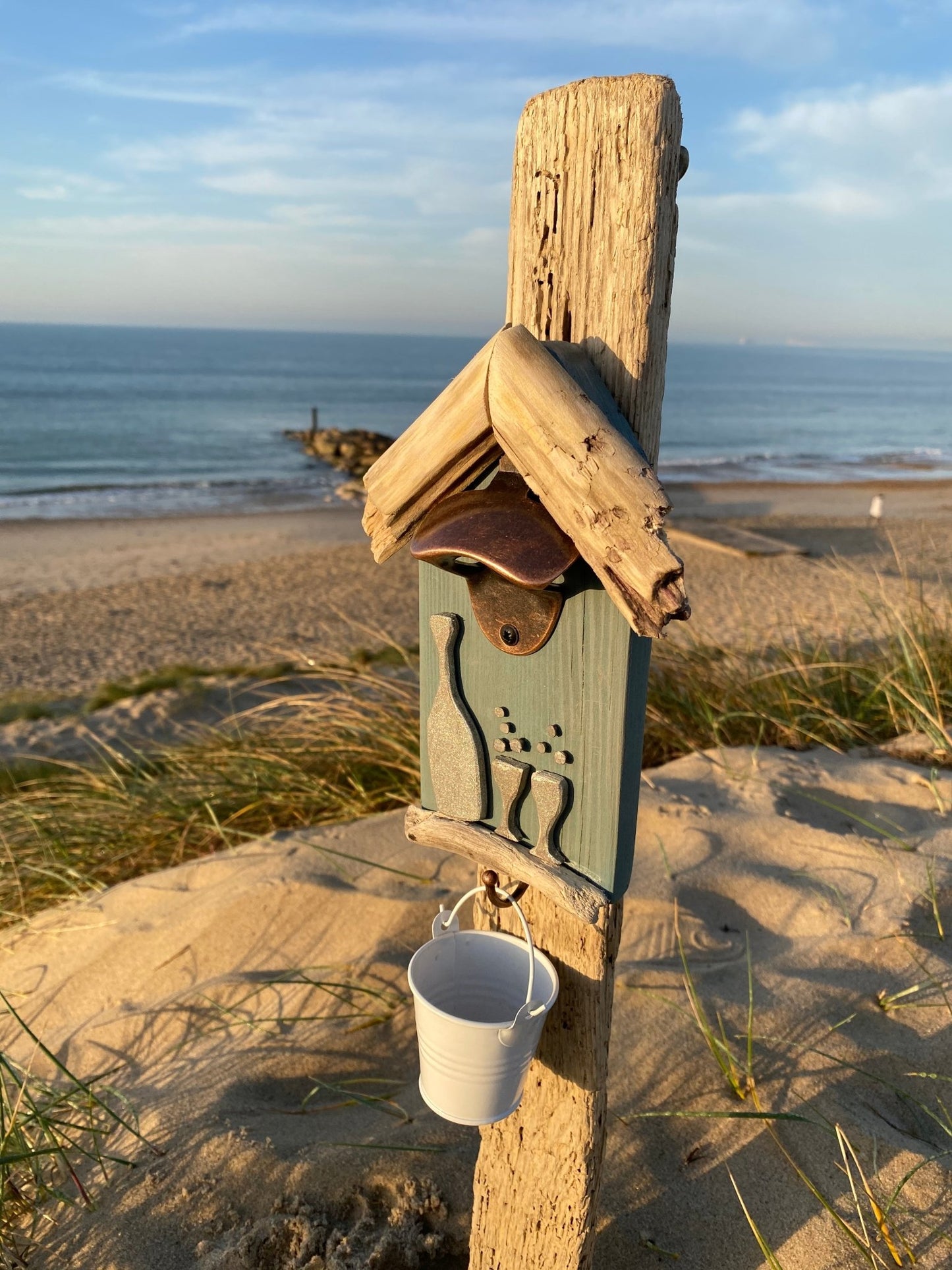 Driftwood beach hut bottle opener with Prosecco and white bucket - Drift Craft by Jo