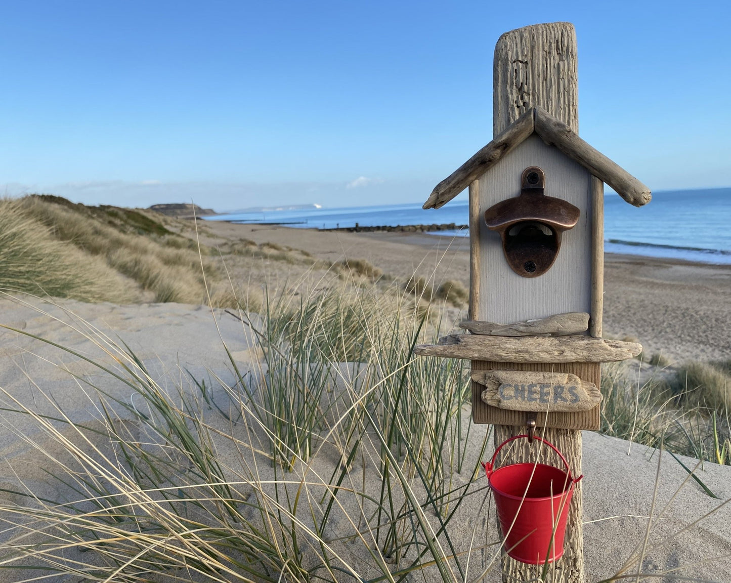Driftwood Beach Hut Bottle Opener with Red Bucket - Drift Craft by Jo