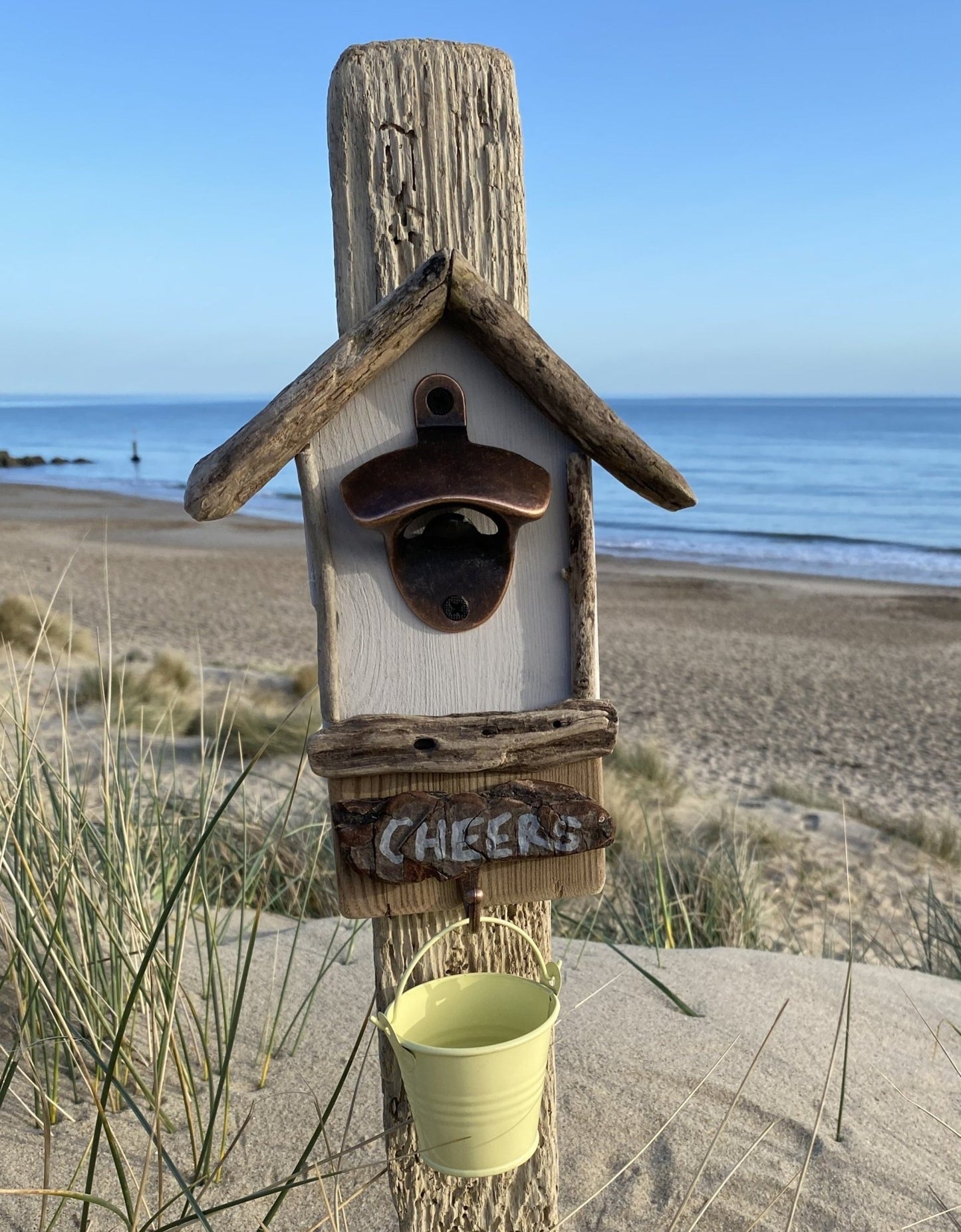Driftwood Beach Hut Bottle Opener with Yellow Bucket - Drift Craft by Jo
