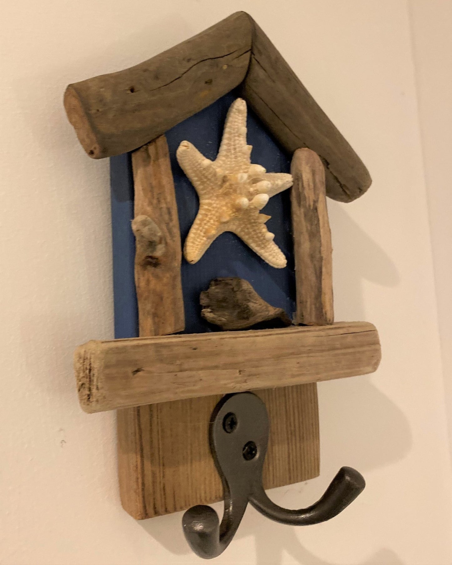 Driftwood Beach Hut Hooks with Starfish - Dark Blue - Drift Craft by Jo