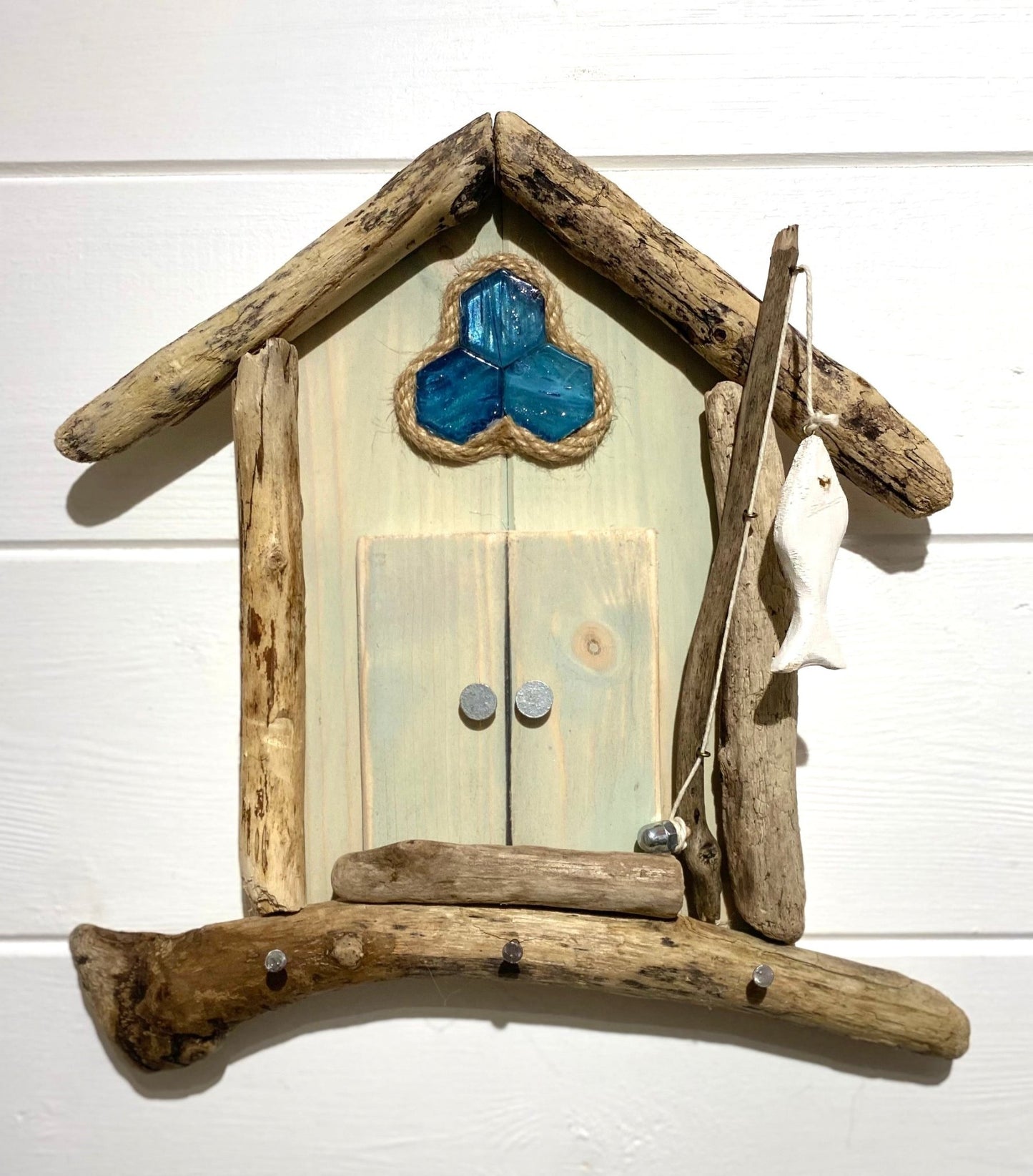 Driftwood Beach Hut with Key Hooks & Fishing Rod - Green - Drift Craft by Jo