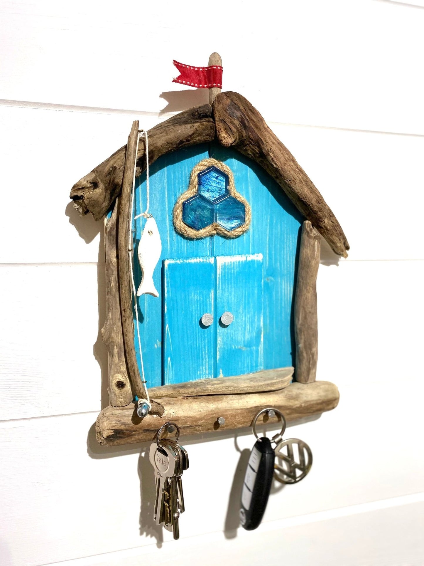 Driftwood Beach Hut with Key Hooks & Fishing Rod - Turquoise - Drift Craft by Jo