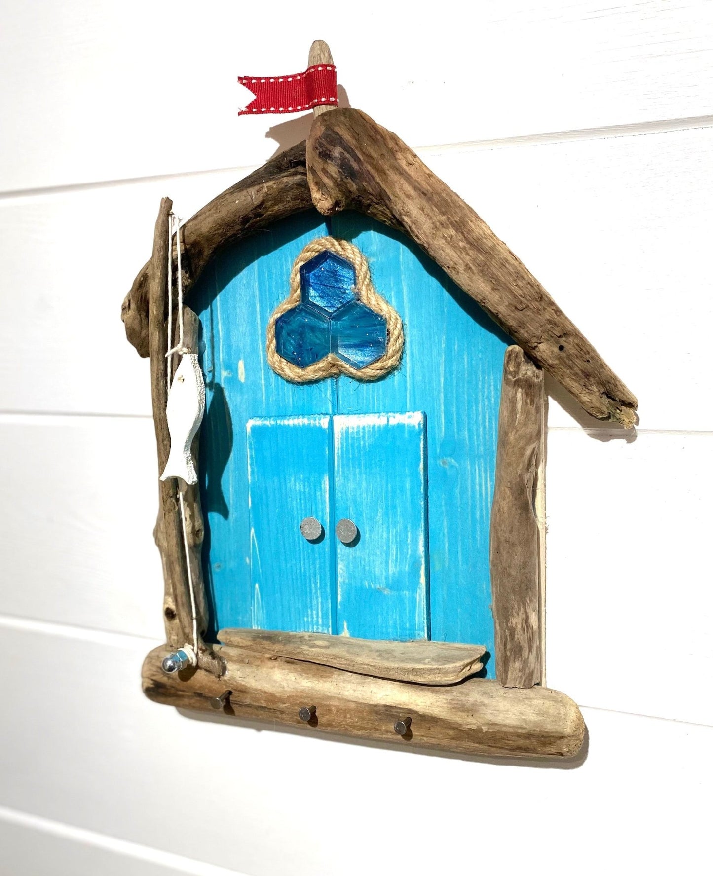 Driftwood Beach Hut with Key Hooks & Fishing Rod - Turquoise - Drift Craft by Jo