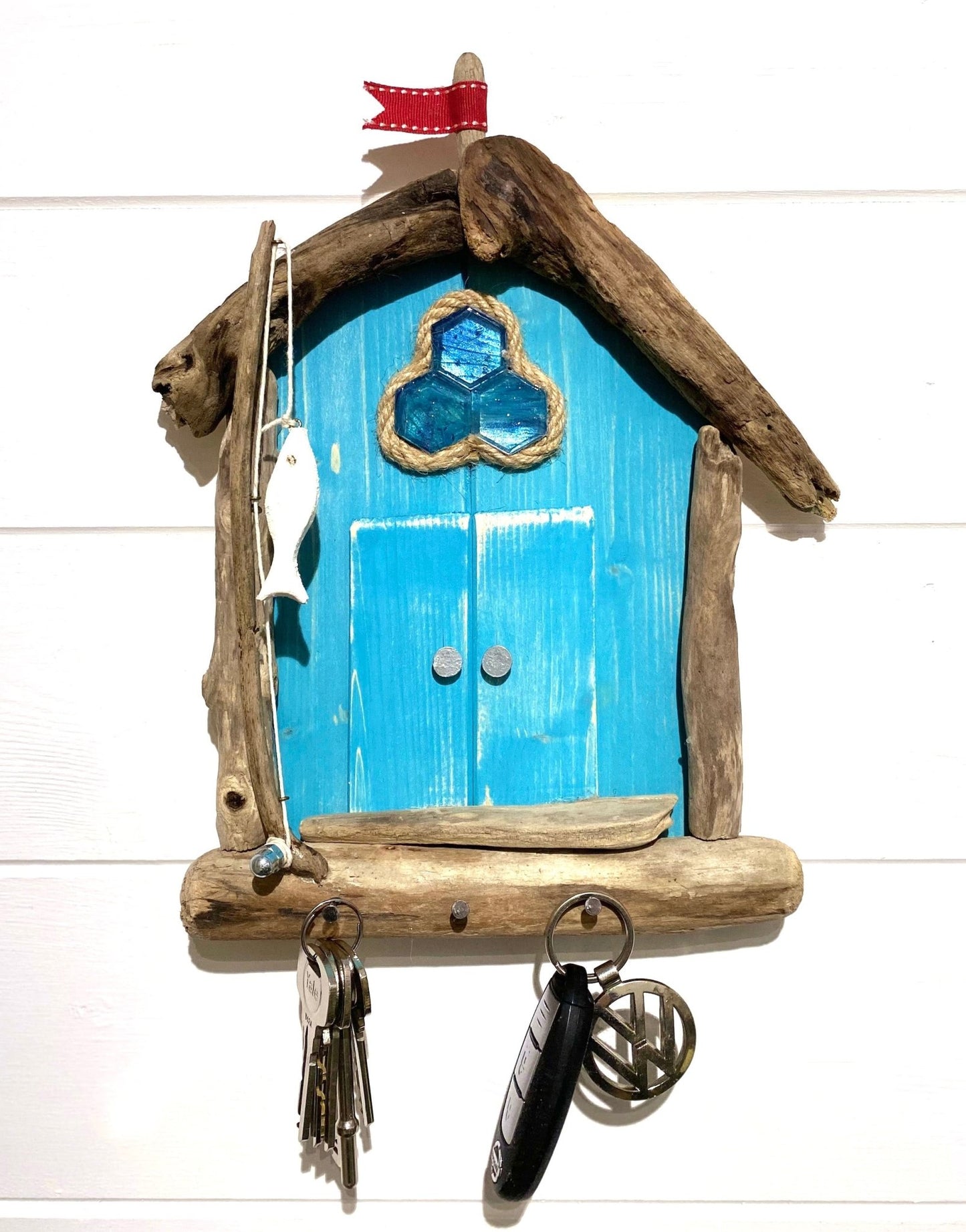 Driftwood Beach Hut with Key Hooks & Fishing Rod - Turquoise - Drift Craft by Jo