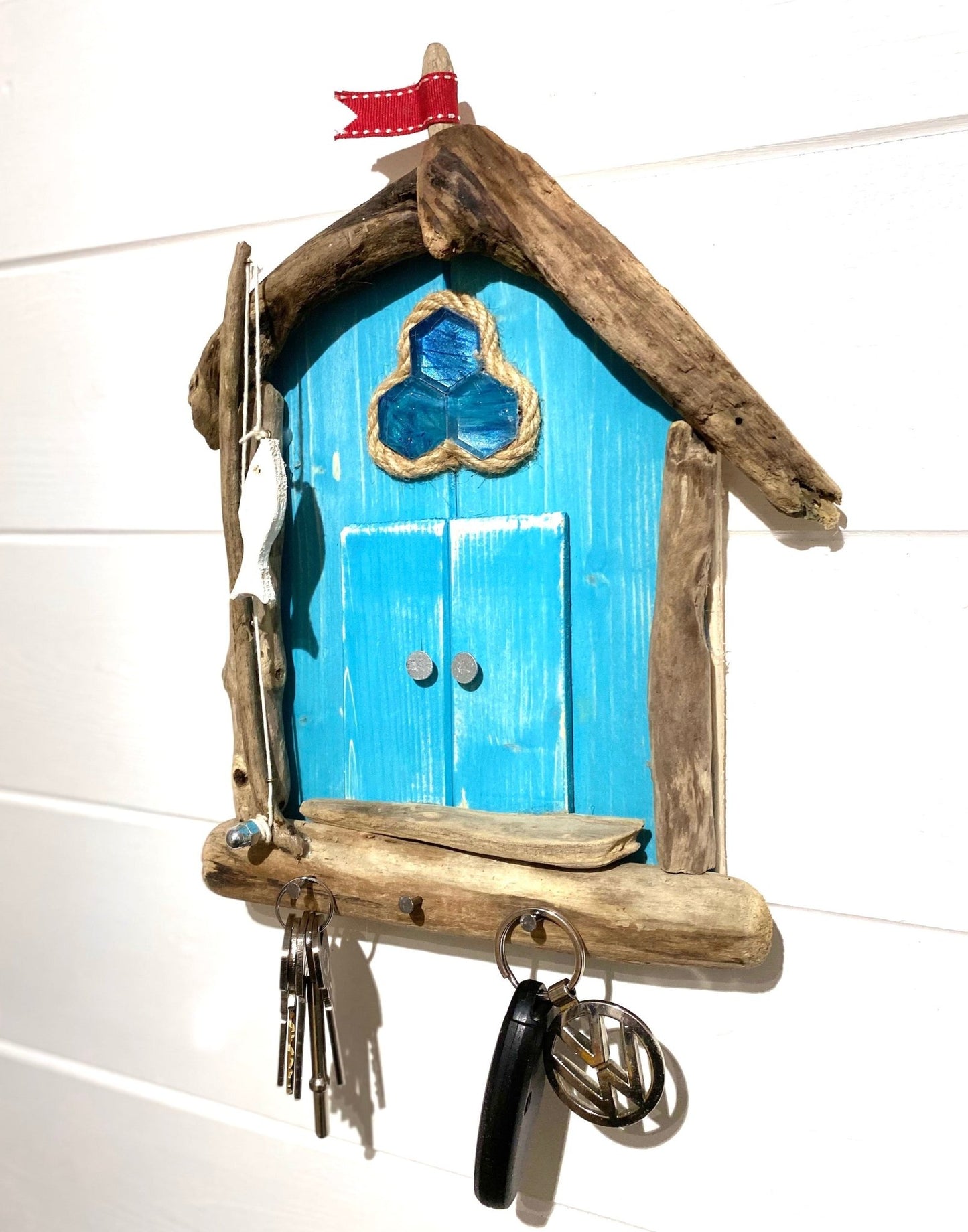 Driftwood Beach Hut with Key Hooks & Fishing Rod - Turquoise - Drift Craft by Jo