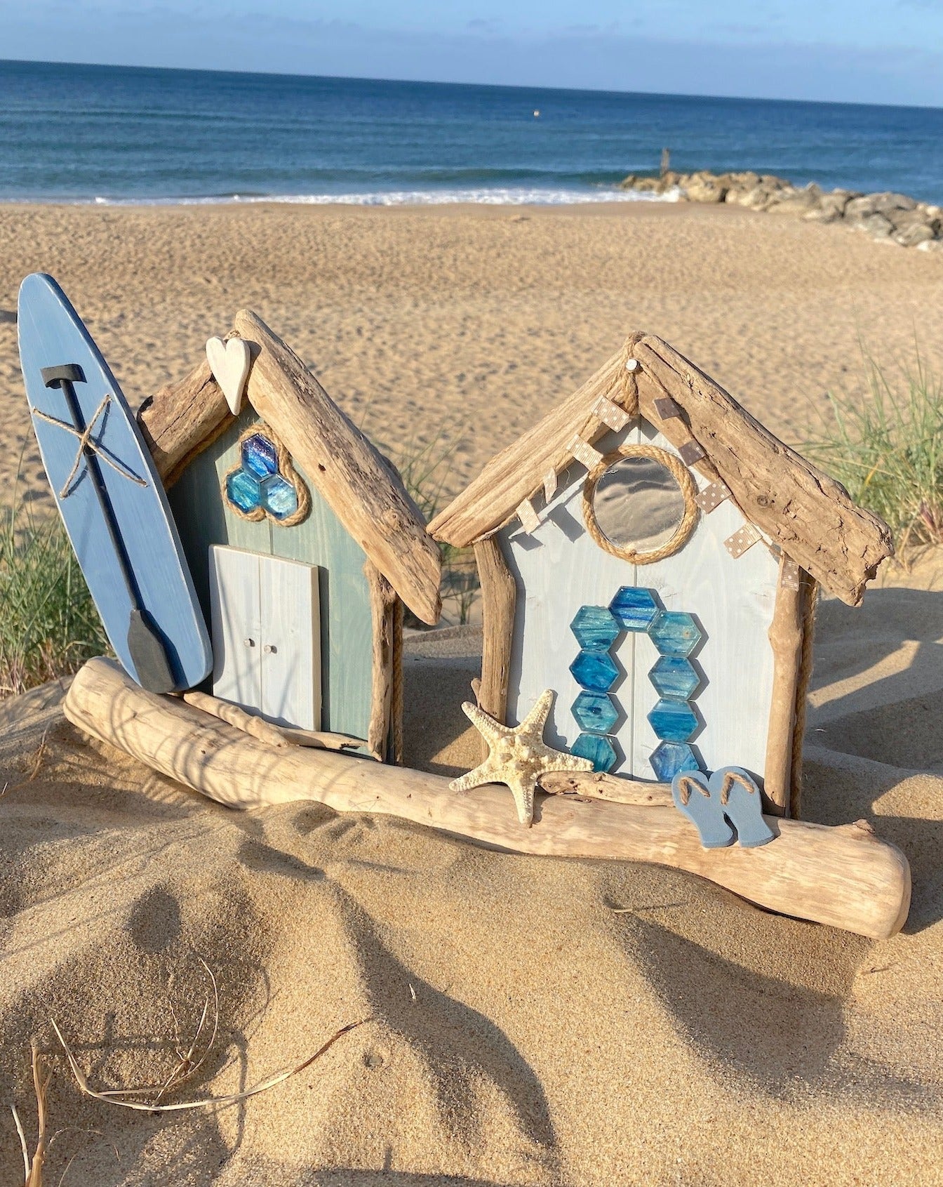 Driftwood Beach Huts - Double Turquoise and Blue with Paddleboard, Bunting, Starfish and Flip Flops - Drift Craft by Jo