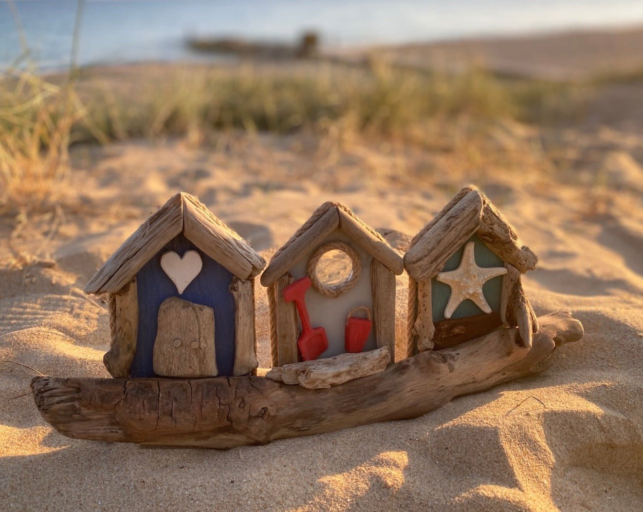 Driftwood Beach Huts - Triple Blue, Grey, Aqua - Drift Craft by Jo