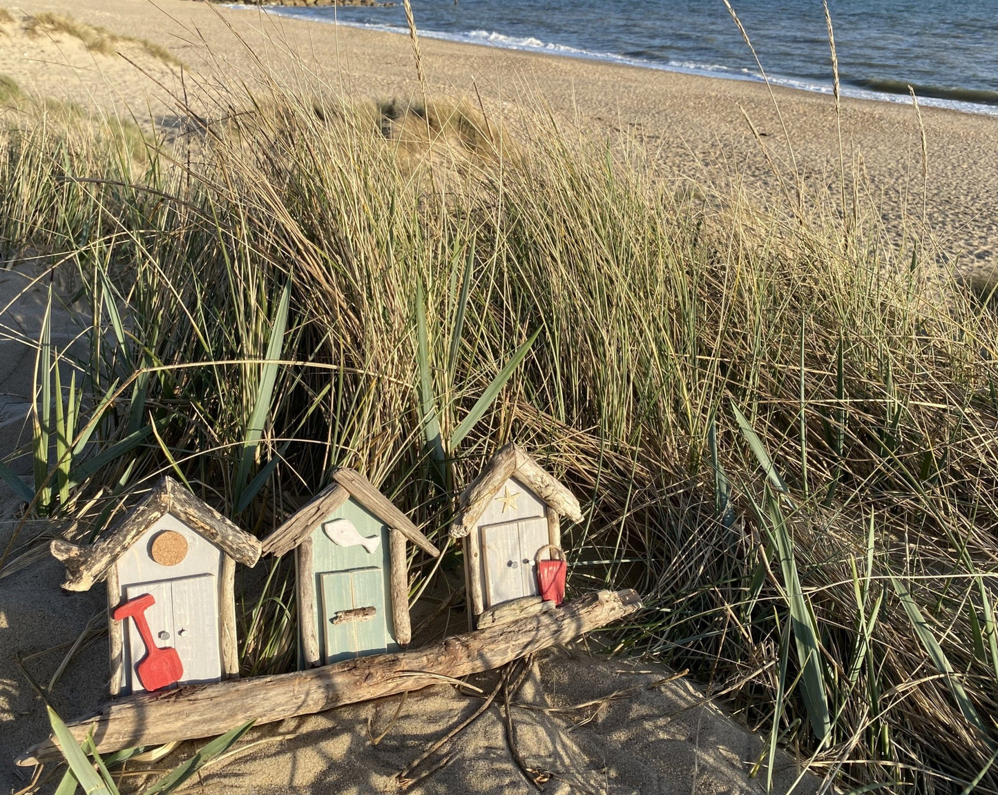 Driftwood beach huts - triple grey green grey - red bucket and spade - Drift Craft by Jo
