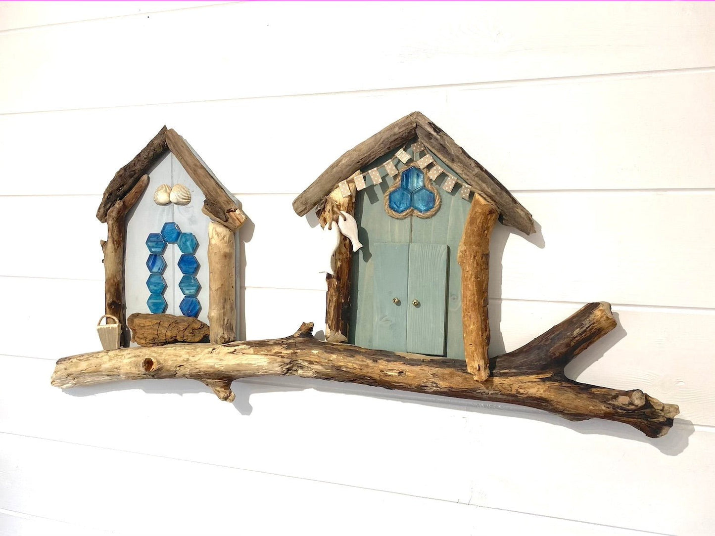 Driftwood Double Beach Huts - Blue / Grey - Drift Craft by Jo