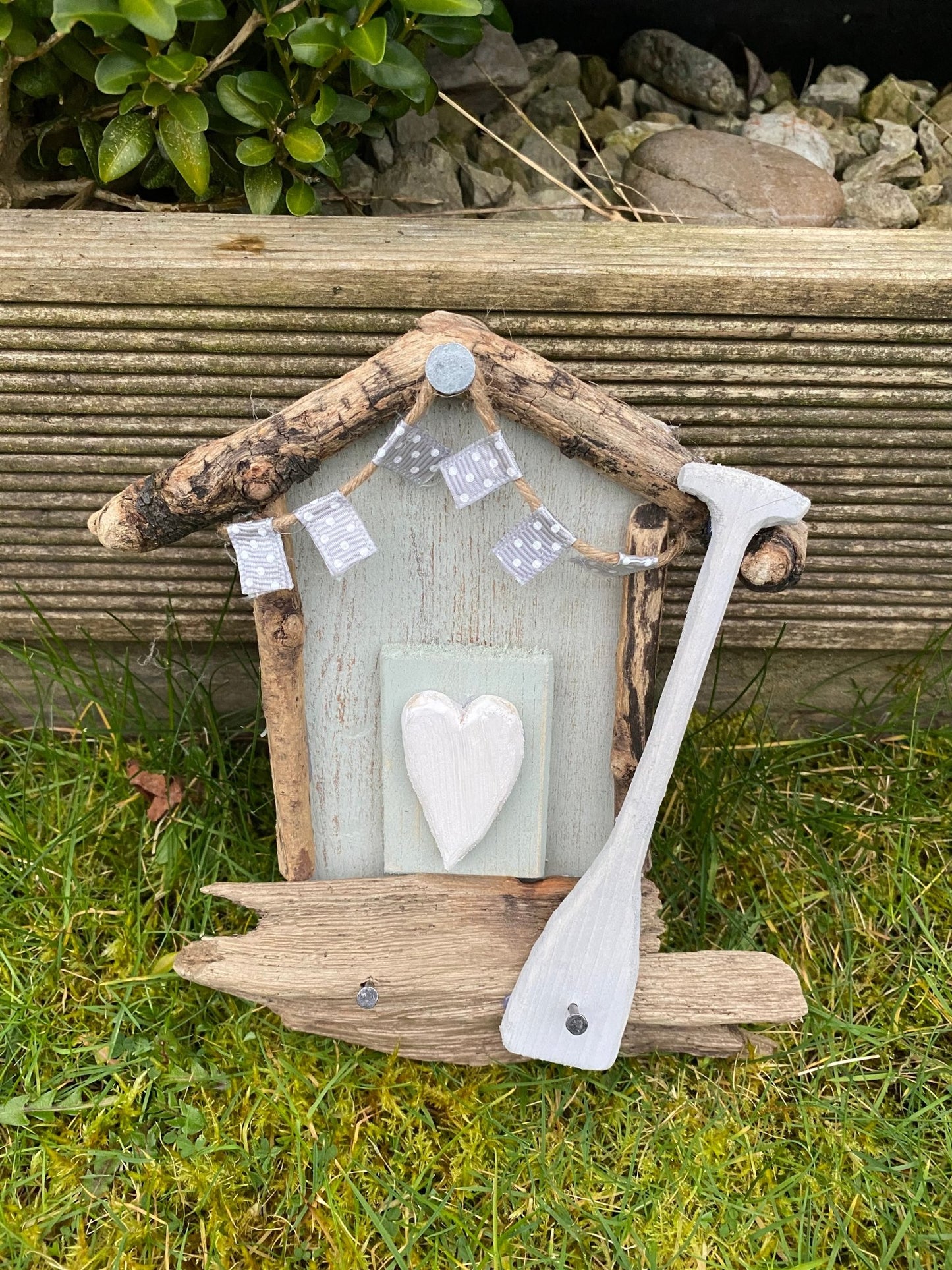 Driftwood Mini Beach Hut Key Hooks - Green Paddle and Bunting - Drift Craft by Jo
