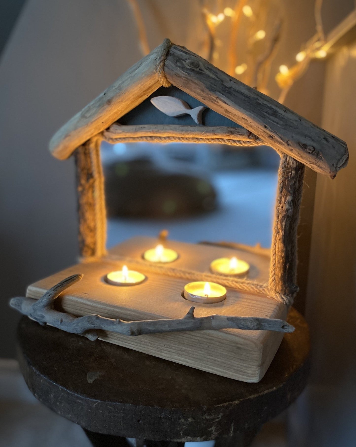 Driftwood Mirror with 2 x tea light holders - Blue with Fish - Drift Craft by Jo