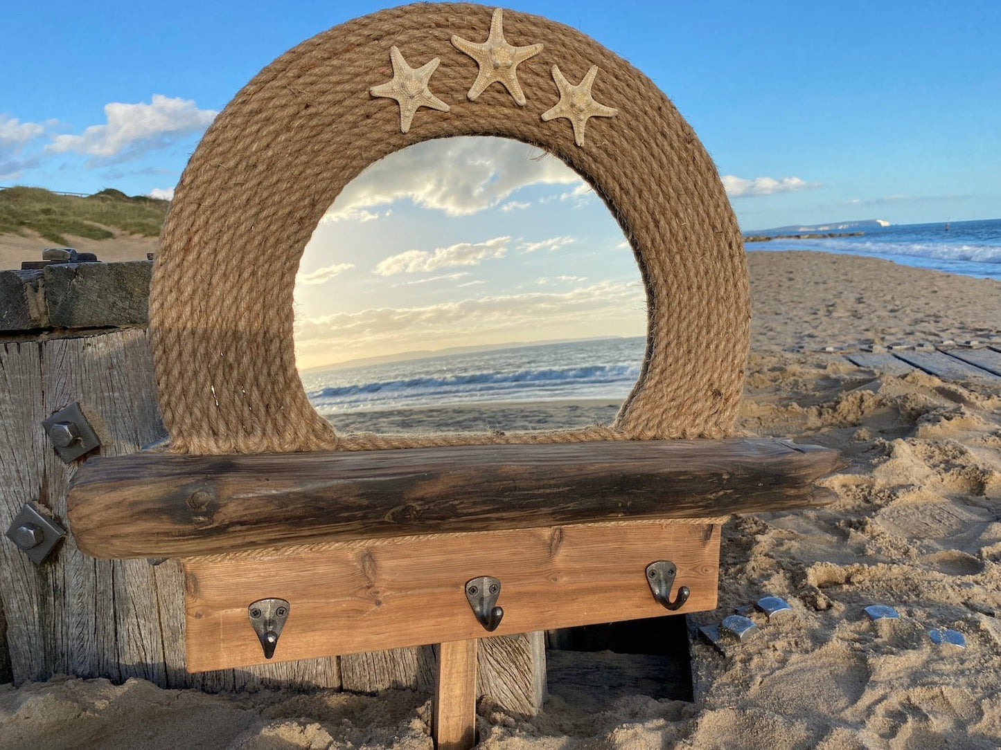 Driftwood Mirror with Shelf, Starfish, Rope and Coat Hooks - Drift Craft by Jo