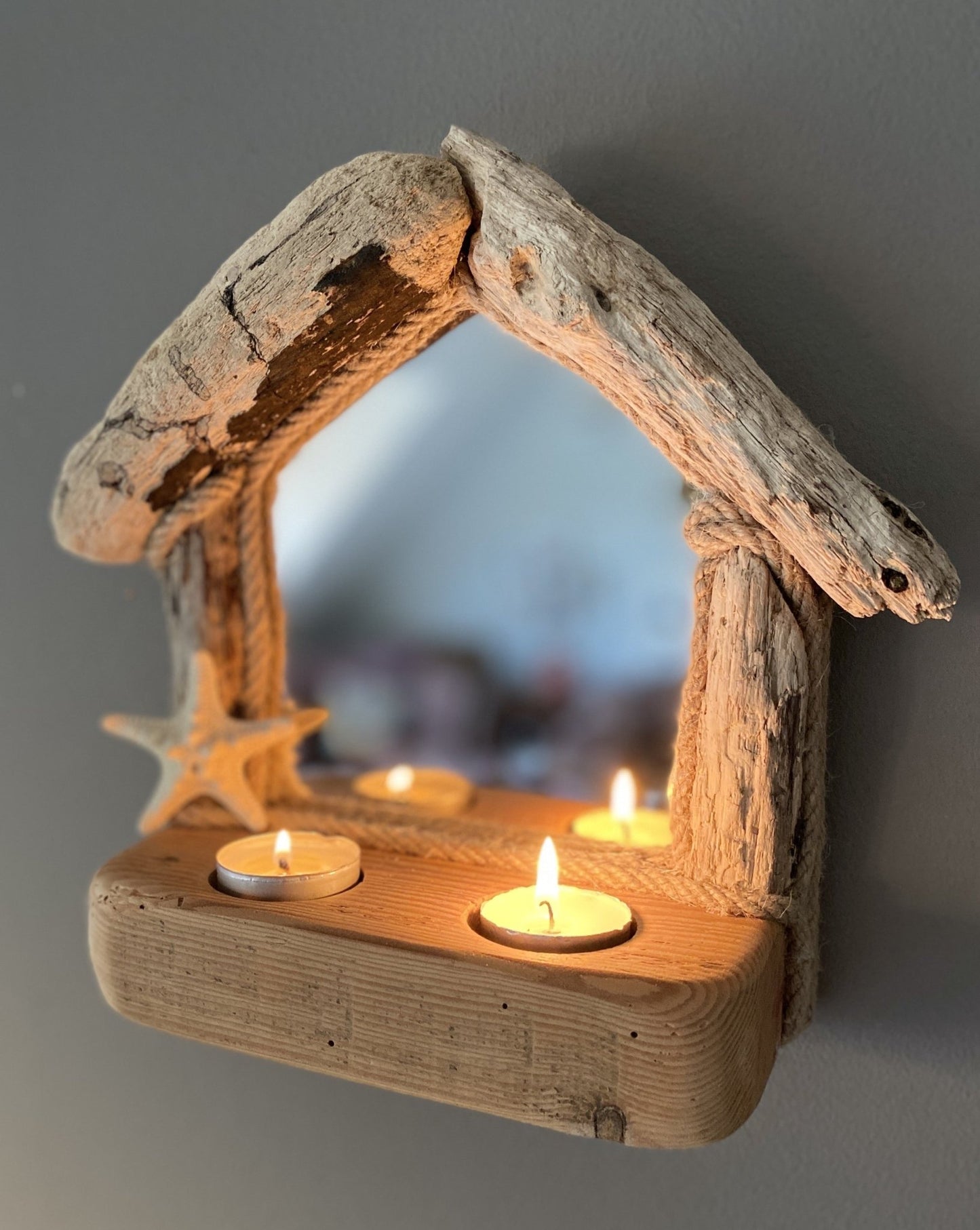 Driftwood Shack Mirror with Starfish & 2 Tealights - Drift Craft by Jo