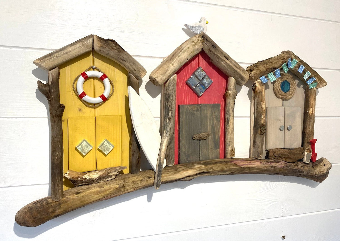 Driftwood Triple Beach Huts - Yellow / Red / Grey - Drift Craft by Jo