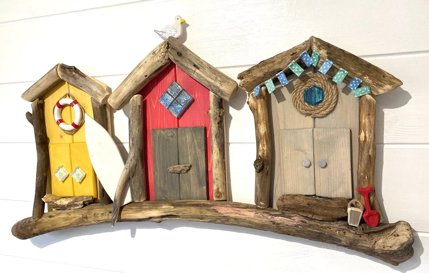 Driftwood Triple Beach Huts - Yellow / Red / Grey - Drift Craft by Jo