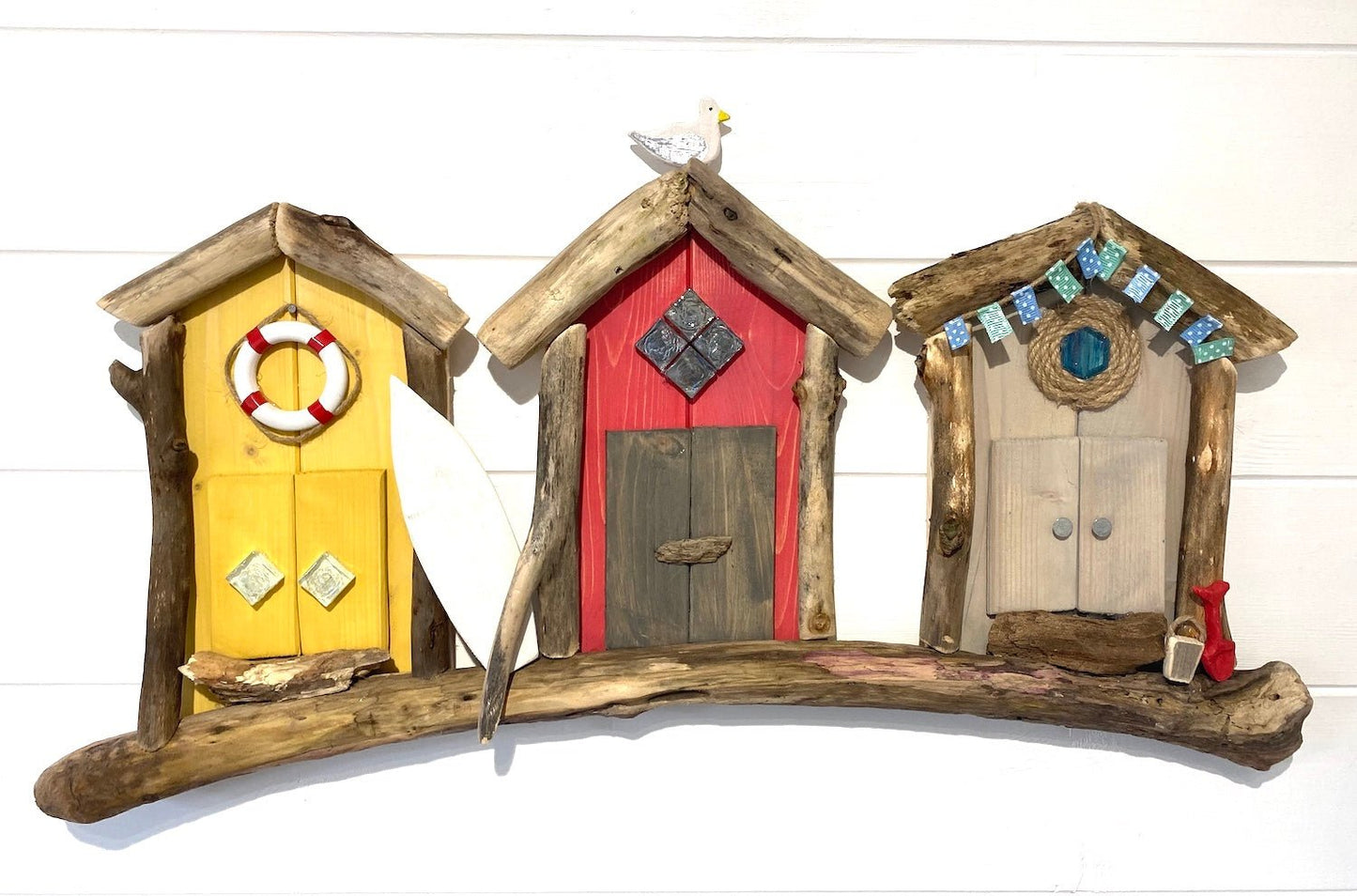 Driftwood Triple Beach Huts - Yellow / Red / Grey - Drift Craft by Jo