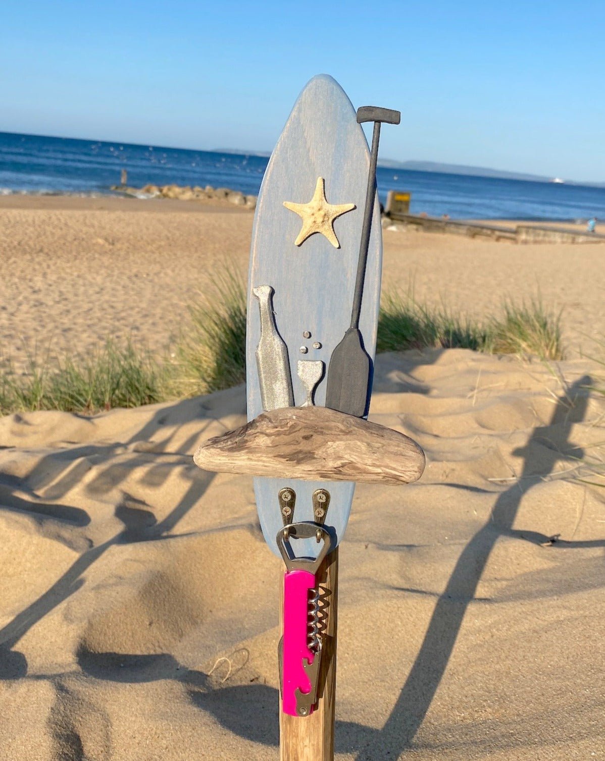Paddleboard Bottle Opener holder - Blue with Prosecco and Starfish - Drift Craft by Jo