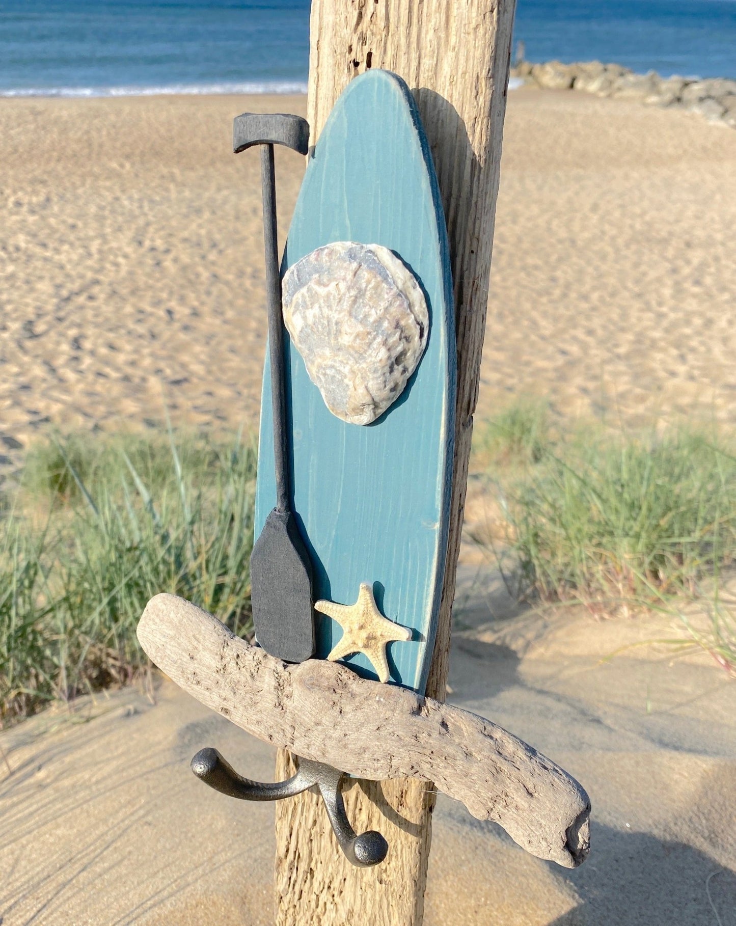 Paddleboard Driftwood Key hooks - Teal with Shell and Starfish - Drift Craft by Jo