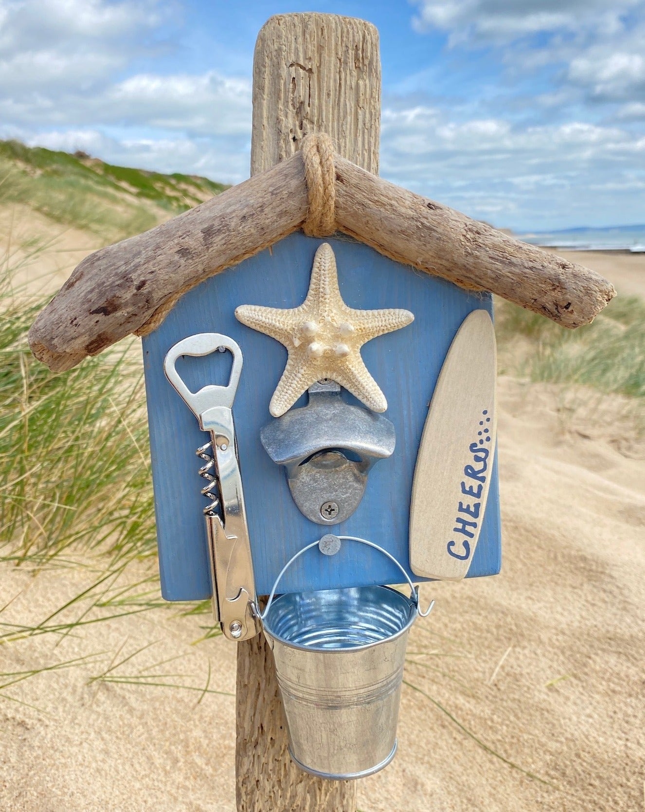 Rustic Beach Hut Surf Shack Bottle Opener - Double - Blue, Surfboard - Drift Craft by Jo