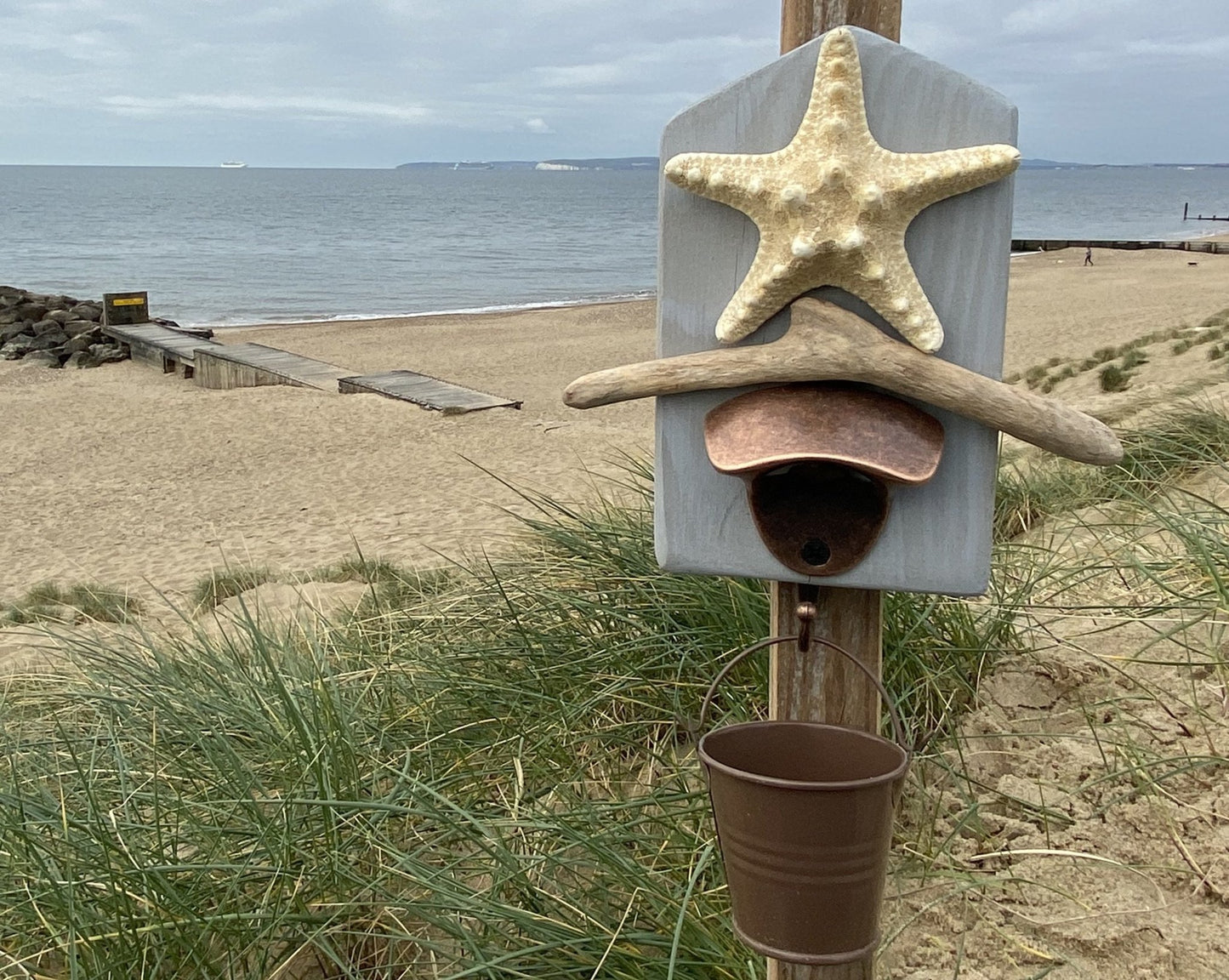 Rustic Driftcraft Bottle Opener - Grey with Starfish and bucket - Drift Craft by Jo