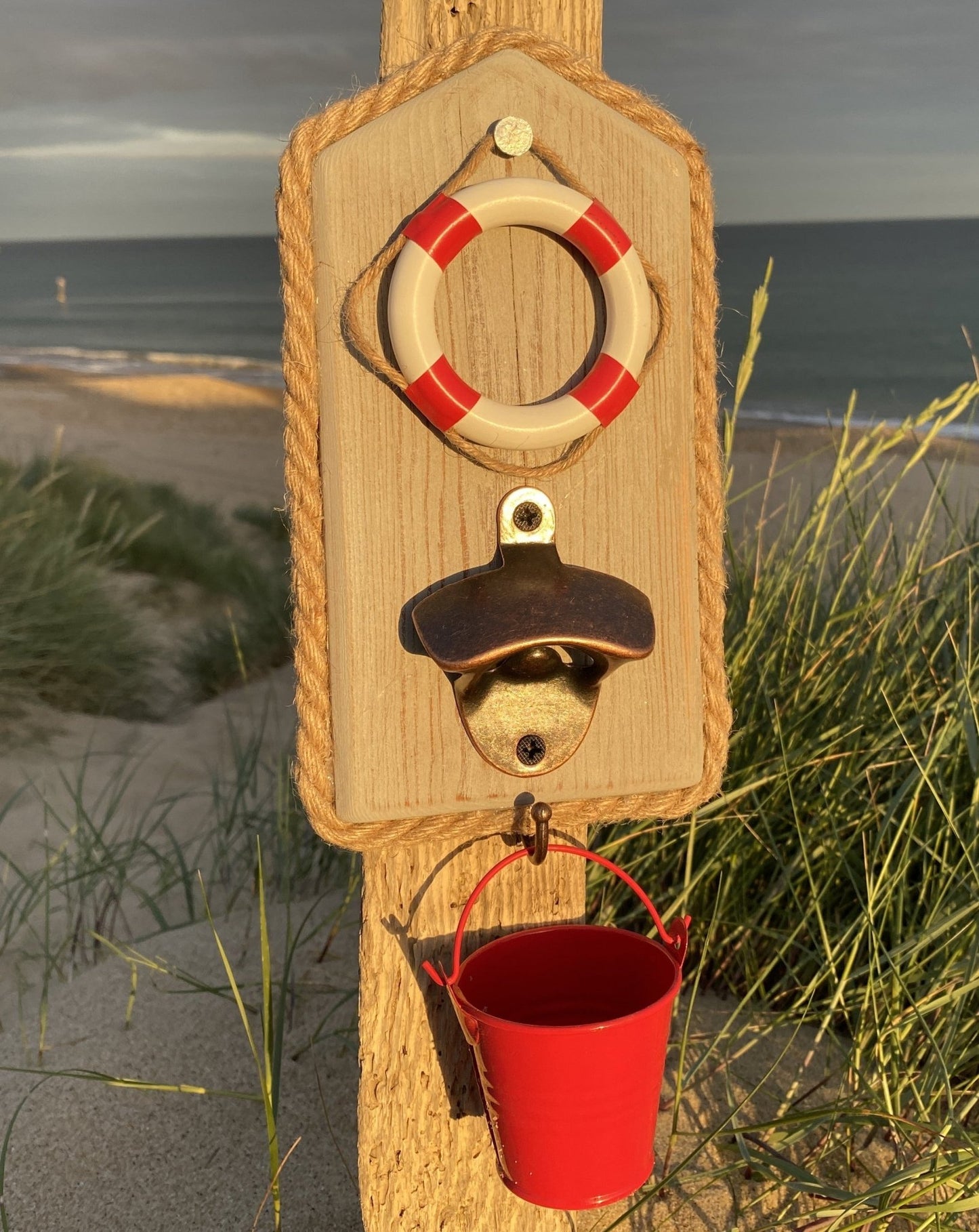 Rustic Driftwood Bottle Opener - Grey with lifebouy - Red Bucket - Drift Craft by Jo