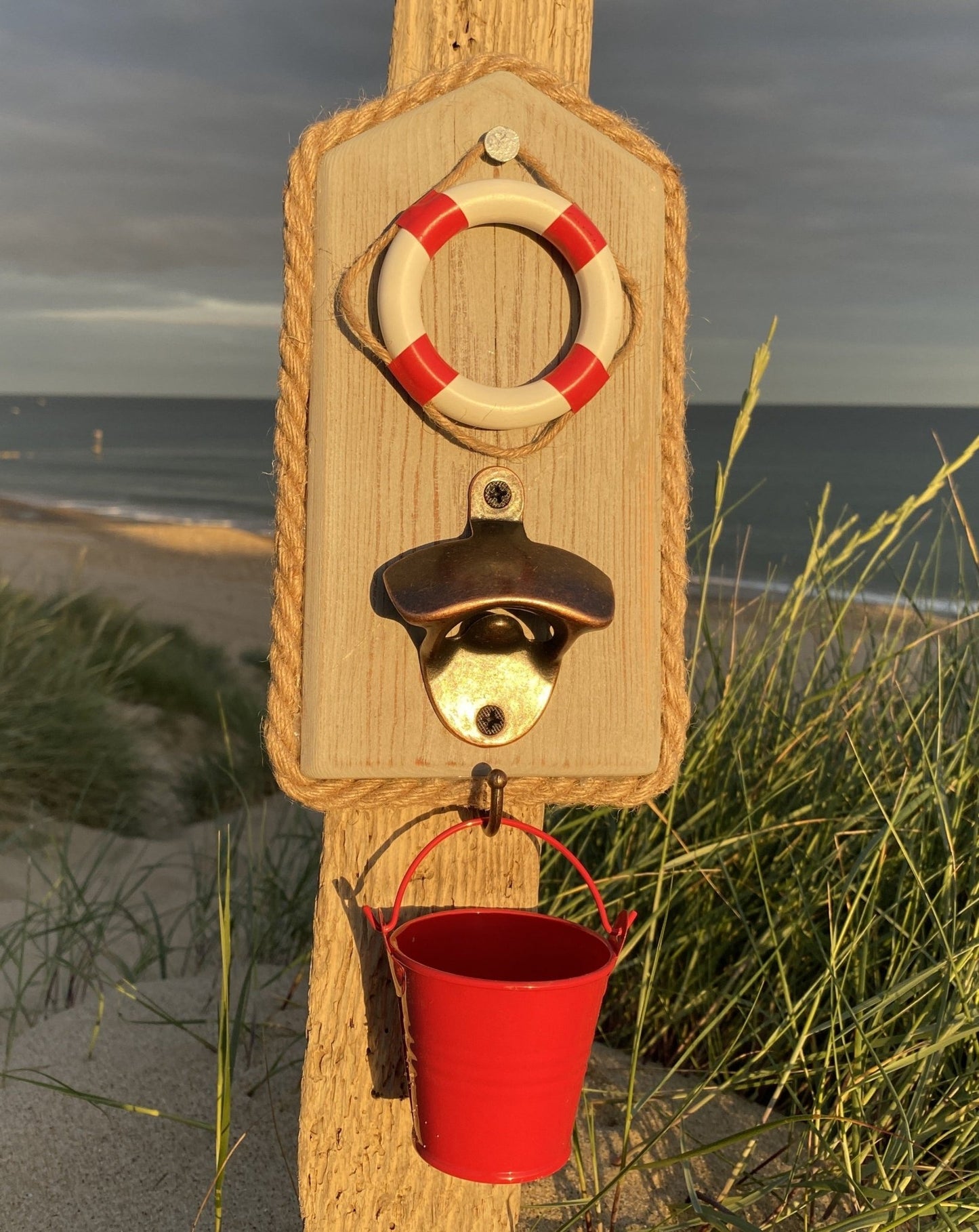 Rustic Driftwood Bottle Opener - Grey with lifebouy - Red Bucket - Drift Craft by Jo