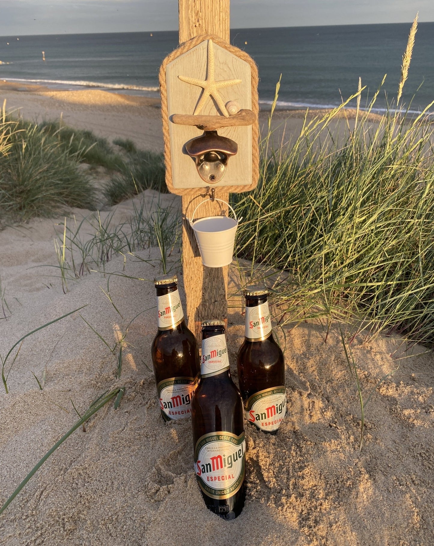 Rustic Driftwood Bottle Opener - Pale blue Starfish and Shell - White Bucket - Drift Craft by Jo