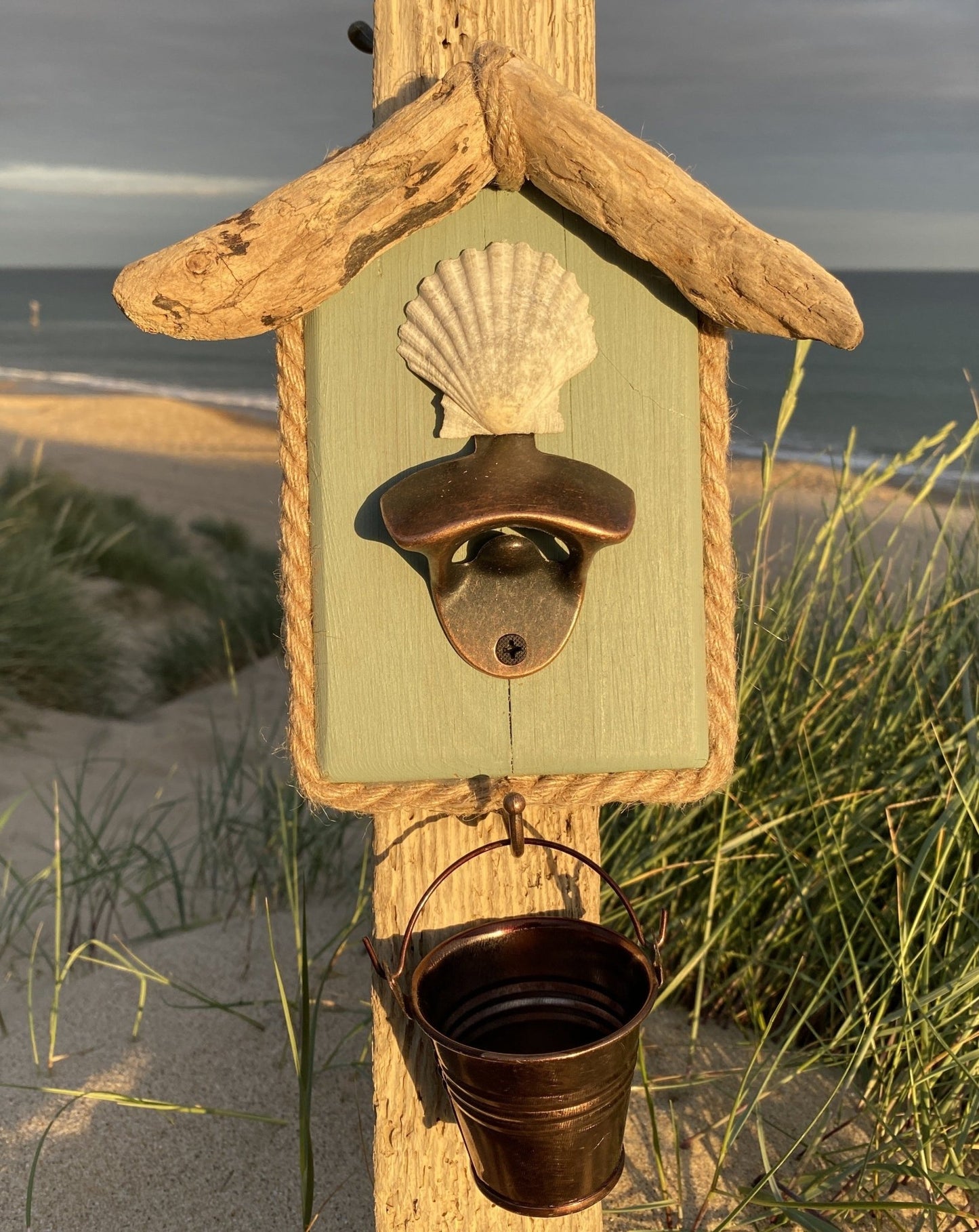 Rustic Driftwood Bottle Opener - Sage with Shell - Bronze Bucket - Drift Craft by Jo