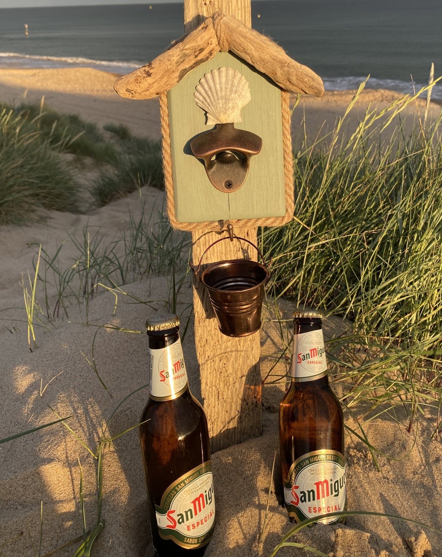 Rustic Driftwood Bottle Opener - Sage with Shell - Bronze Bucket - Drift Craft by Jo