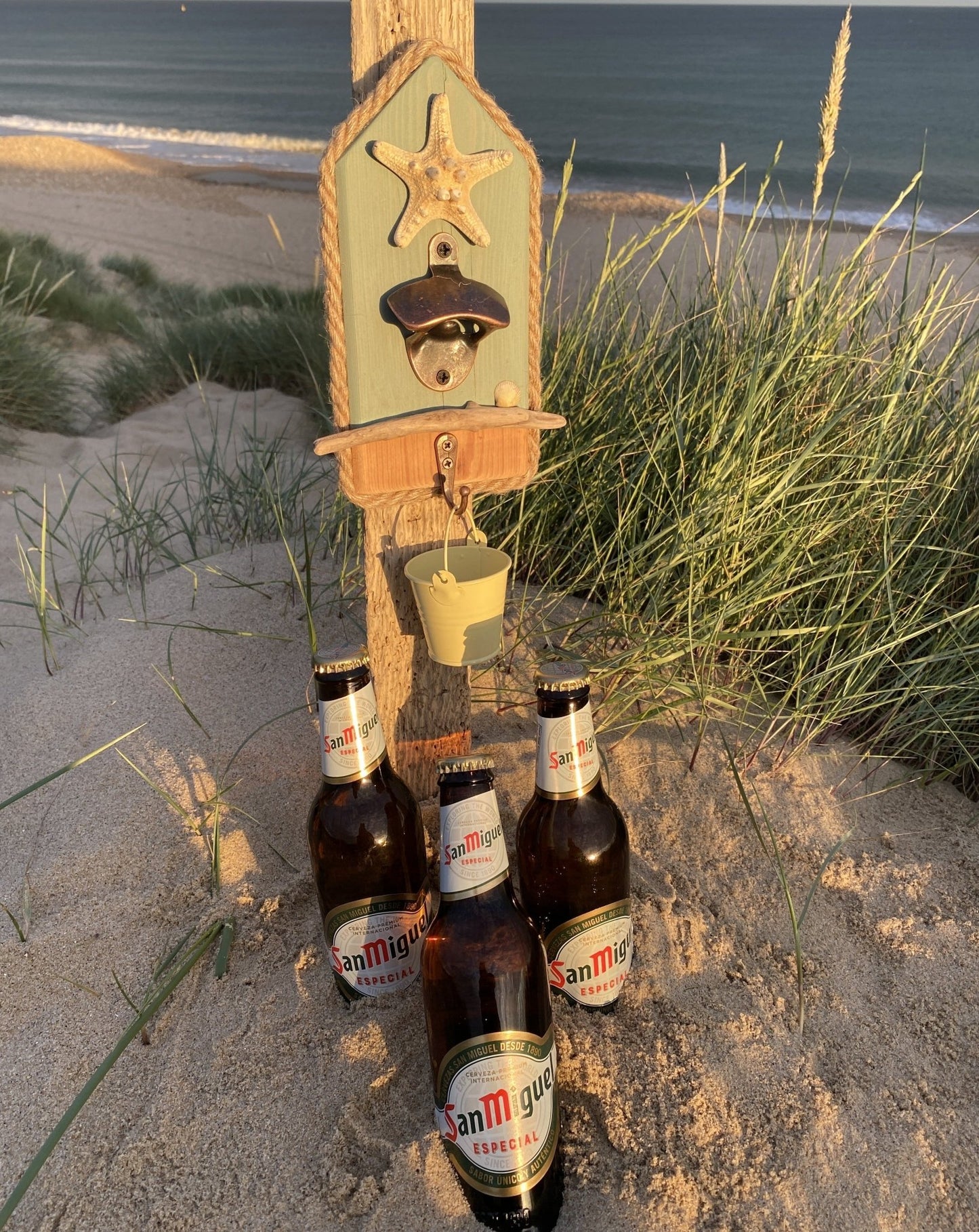 Rustic Driftwood Bottle Opener - Sage with Starfish and shell - Pale Yellow Bucket - Drift Craft by Jo