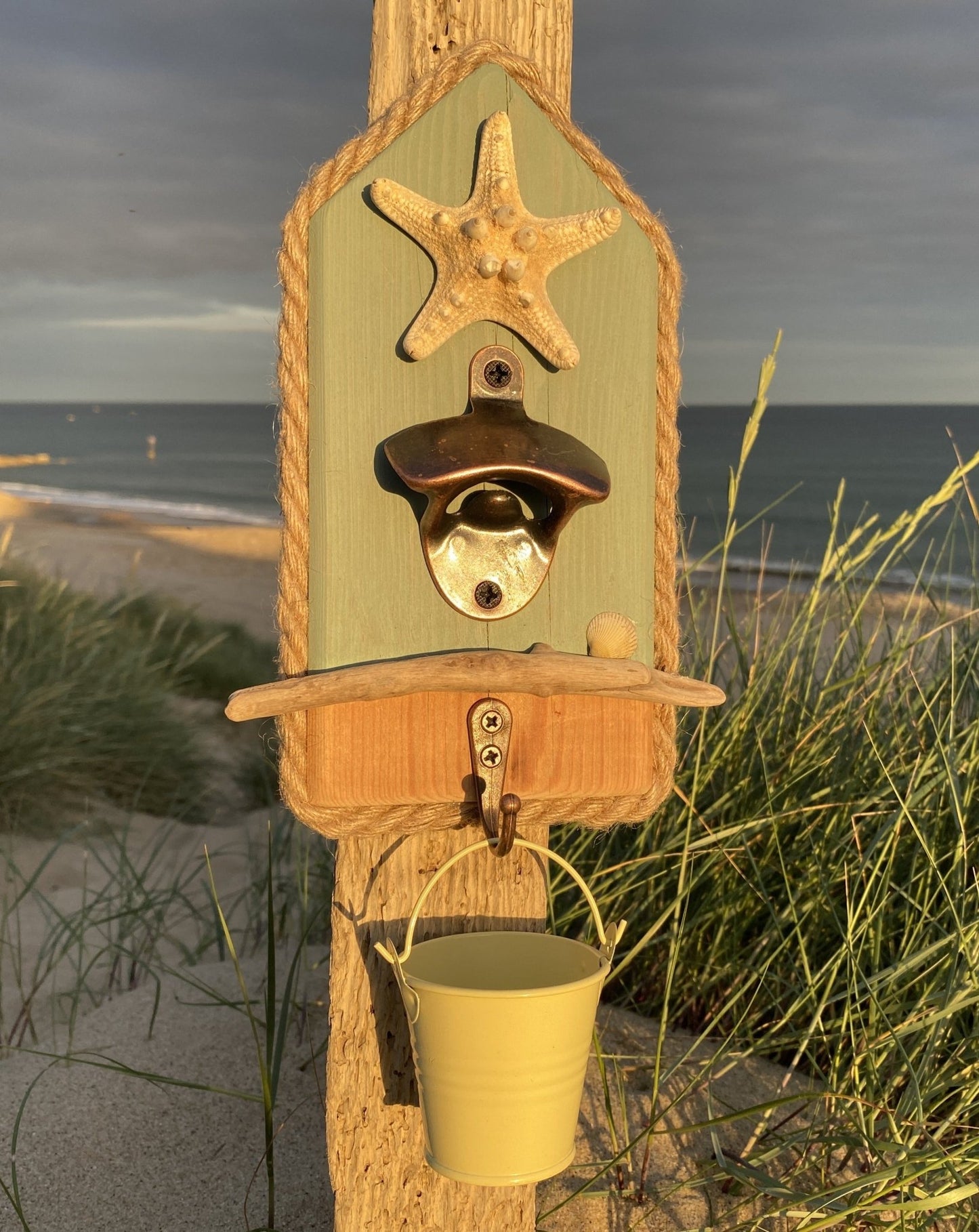 Rustic Driftwood Bottle Opener - Sage with Starfish and shell - Pale Yellow Bucket - Drift Craft by Jo