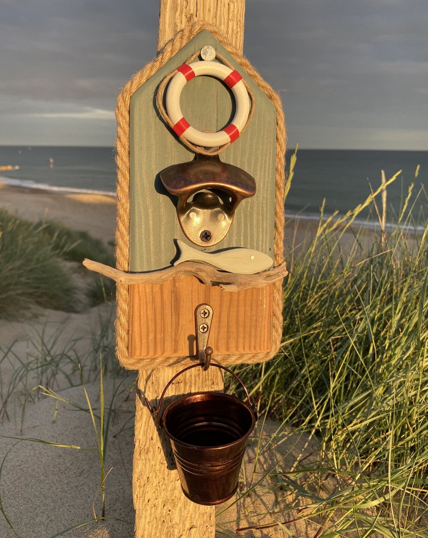 Rustic Driftwood Bottle Opener - Teal with Lifebouy and fish - Bronze Bucket - Drift Craft by Jo