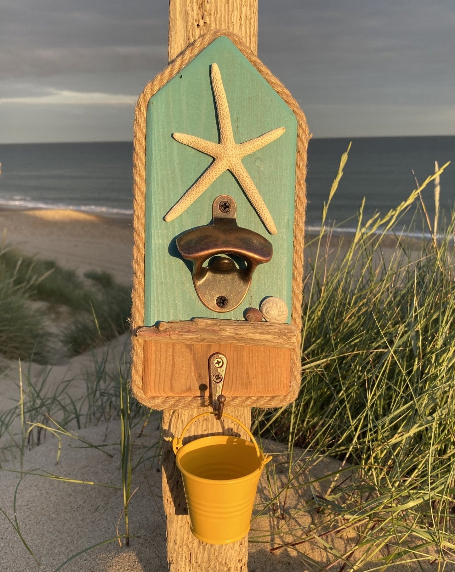 Rustic Driftwood Bottle Opener - Turquoise with Starfish - Yellow Bucket - Drift Craft by Jo
