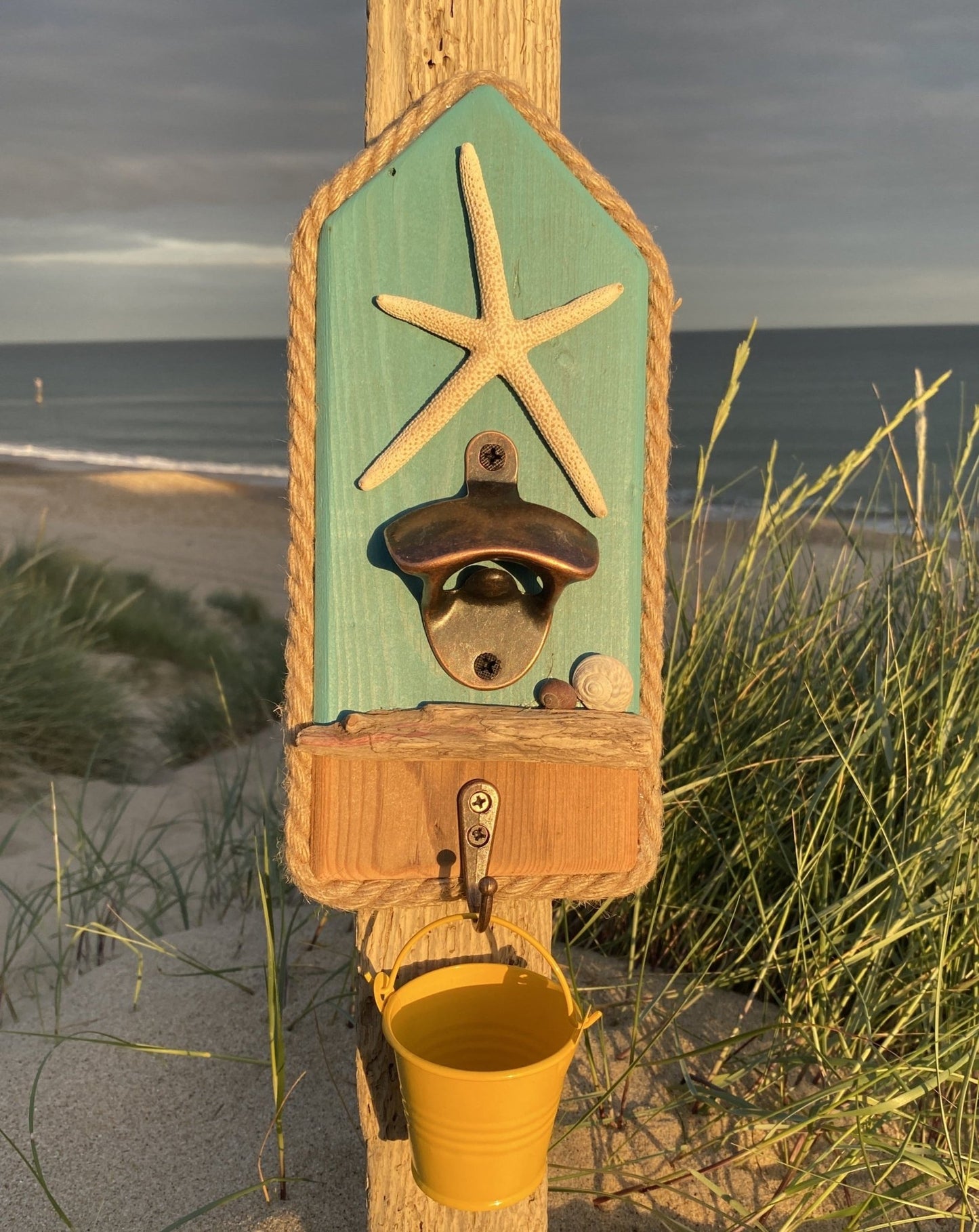 Rustic Driftwood Bottle Opener - Turquoise with Starfish - Yellow Bucket - Drift Craft by Jo