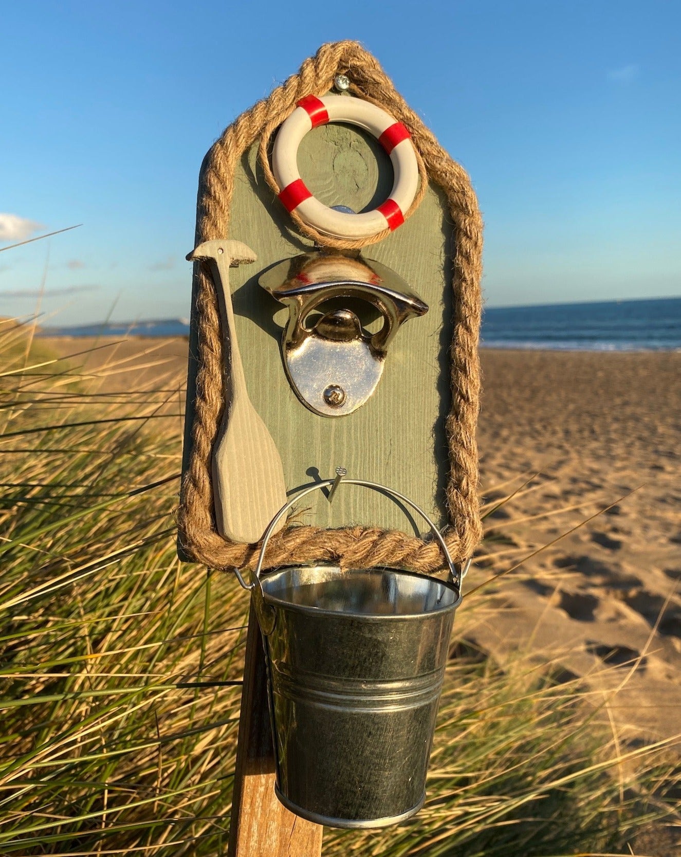 Rustic Nautical Beer Bottle Opener with Silver Bucket - Sage Green - Drift Craft by Jo