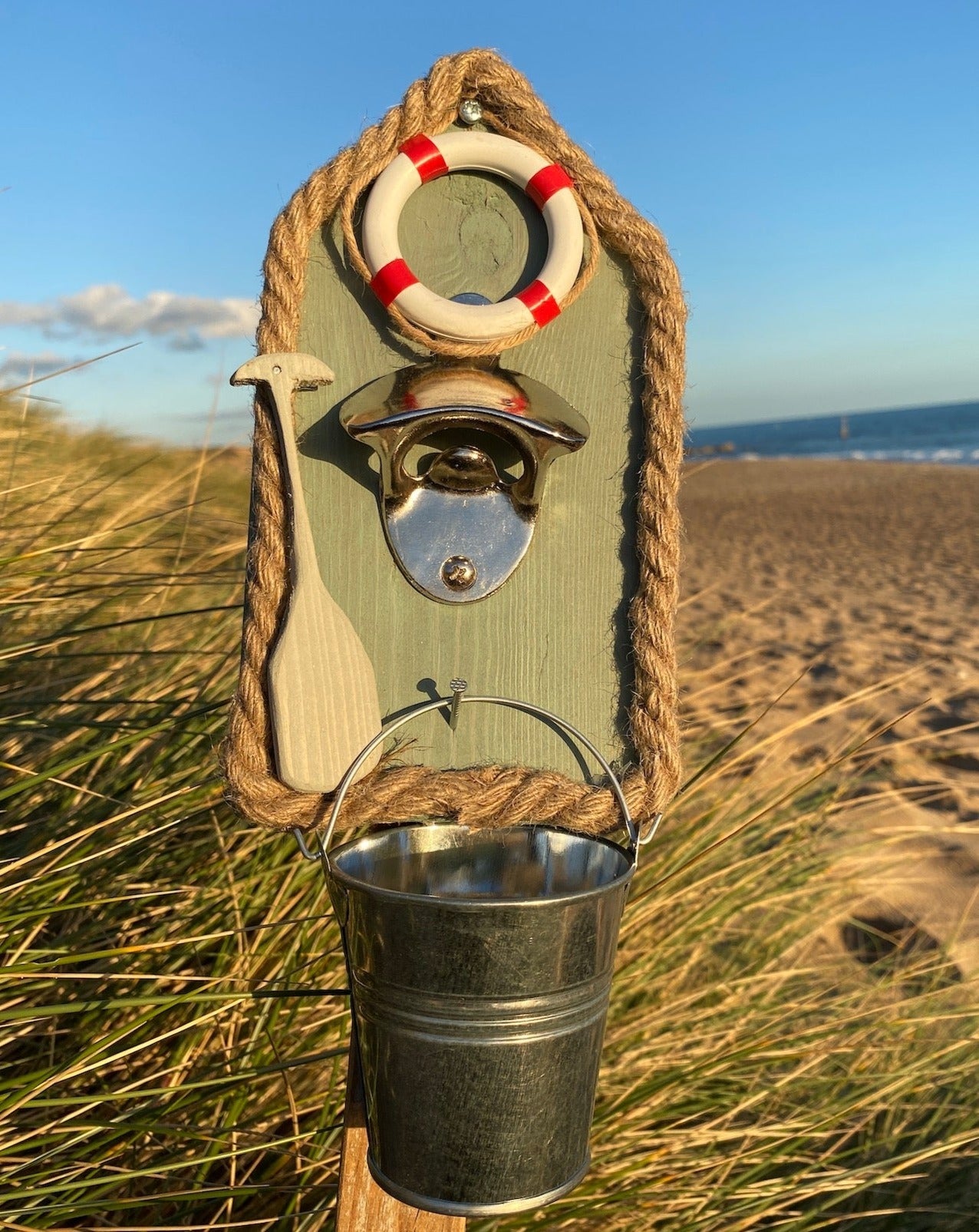 Rustic Nautical Beer Bottle Opener with Silver Bucket - Sage Green - Drift Craft by Jo