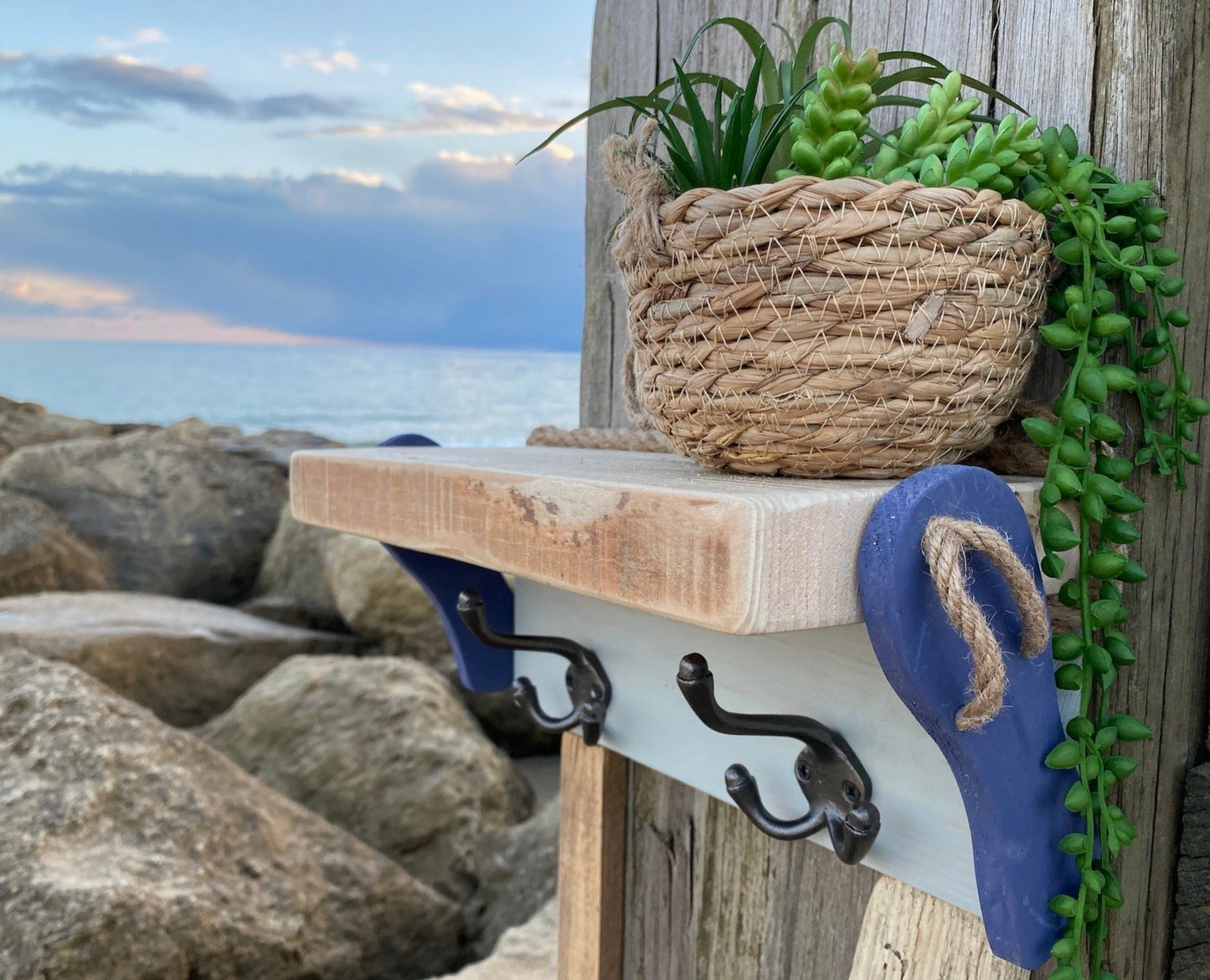 Rustic Shelf with Hooks and Flip Flops - Drift Craft by Jo