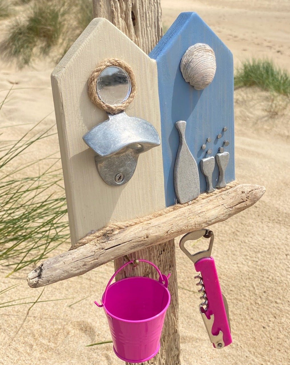 Rustic Wooden Beach Hut Bottle Opener - Double - Mirror, Shell, Prosecco - Drift Craft by Jo
