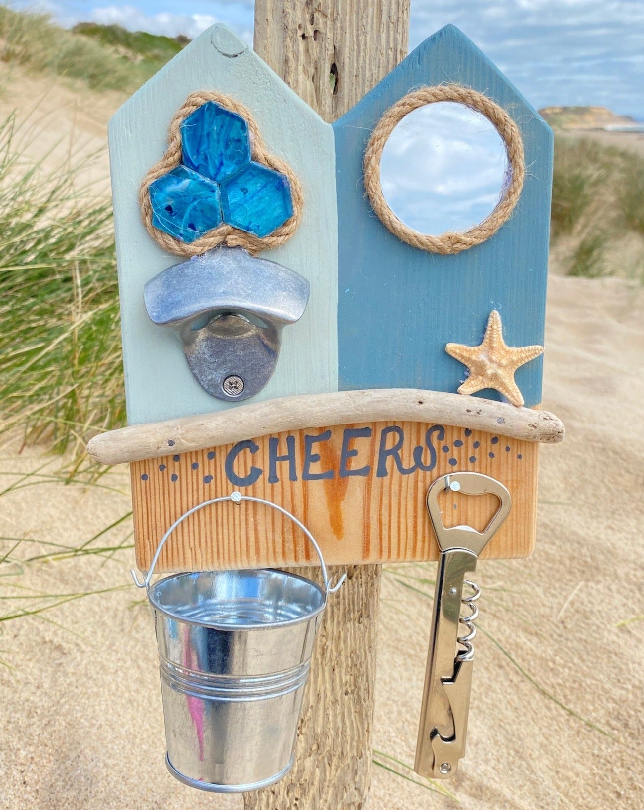 Rustic Wooden Beach Hut Bottle Opener - Double - Starfish, Cheers - Drift Craft by Jo